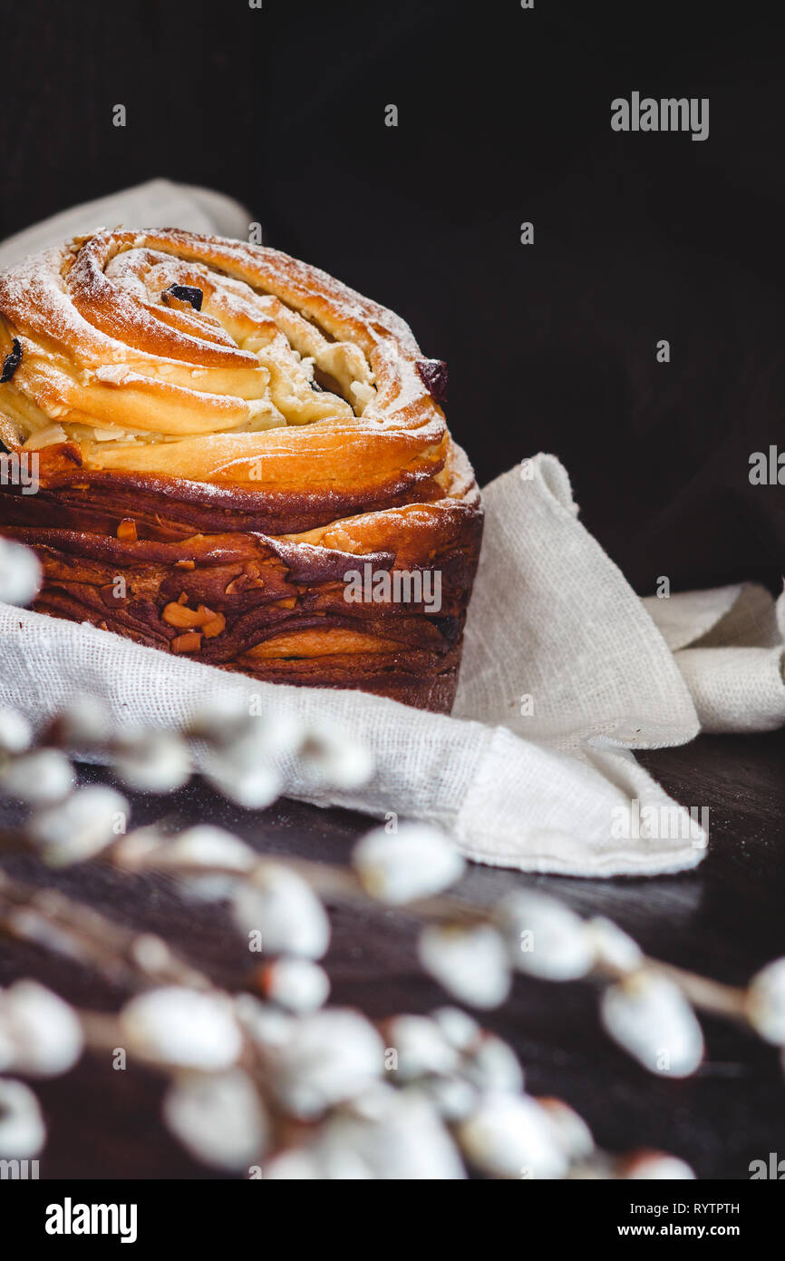 Easter cake kranch with icing sugar on a dark background and with willow flowers. Stock Photo