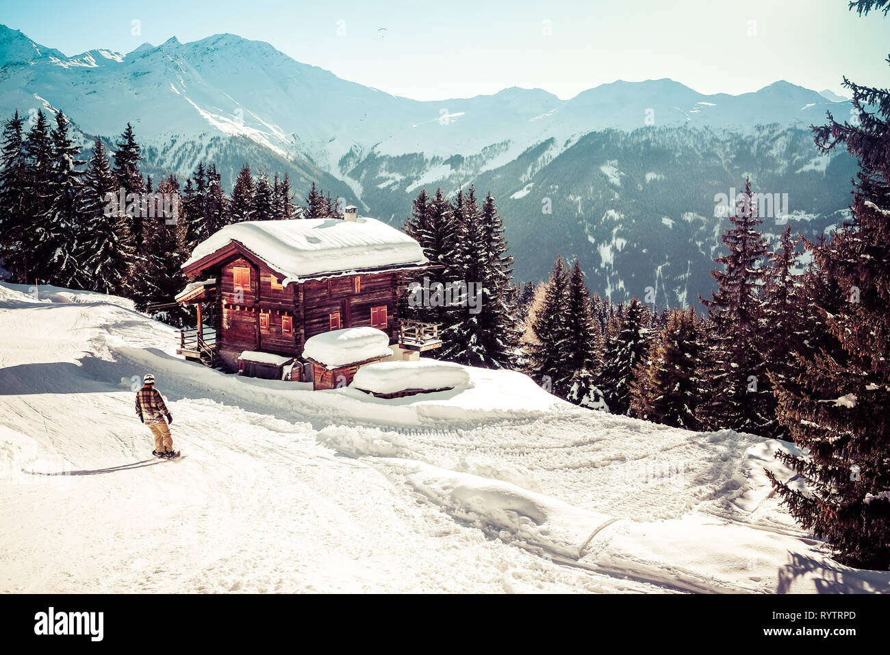 Landscape view of the slopes of the ski resort of Verbier in Switzerland, shot in winter 2019 Stock Photo