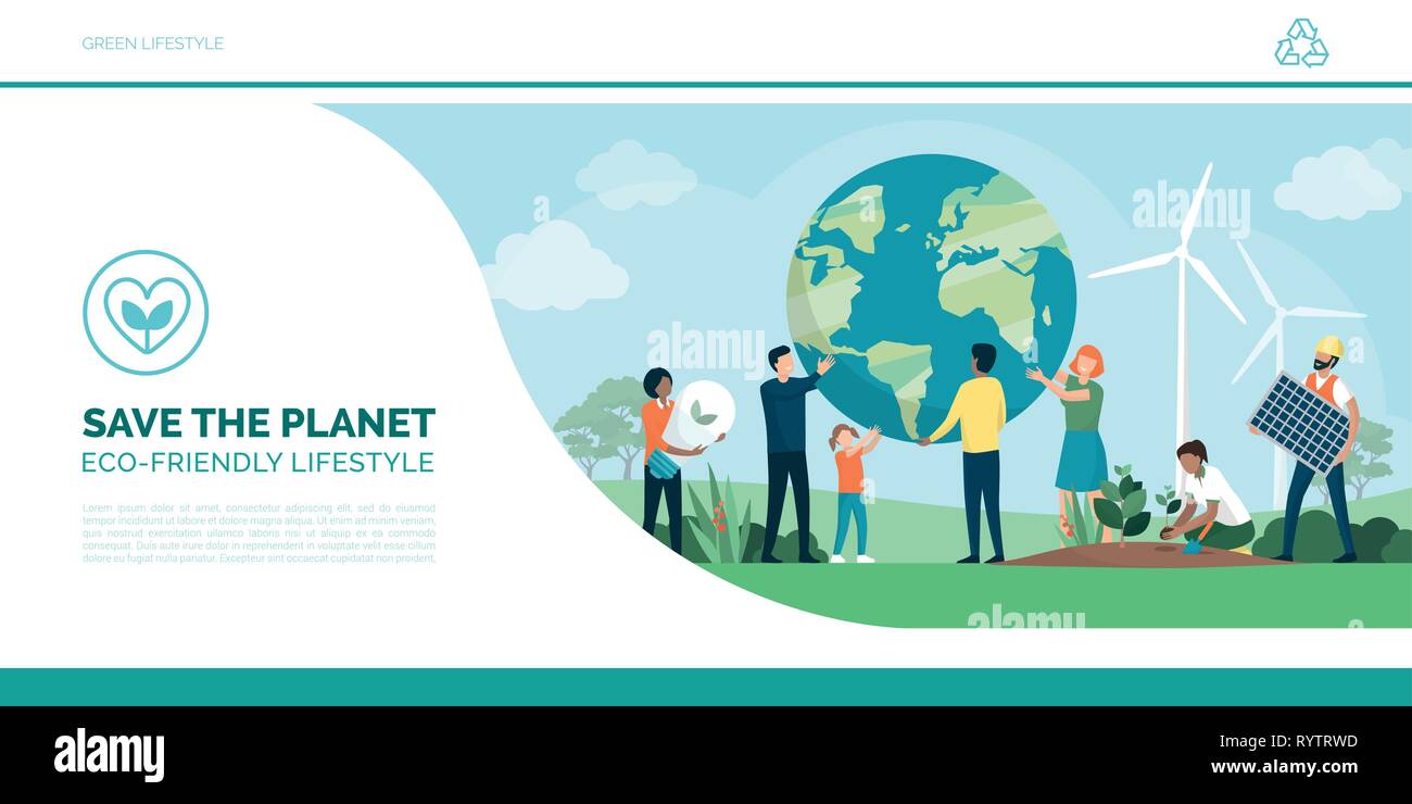 Multiethnic group of people saving earth and protecting the environment: they are choosing alternative energies and growing plants together; sustainab Stock Vector