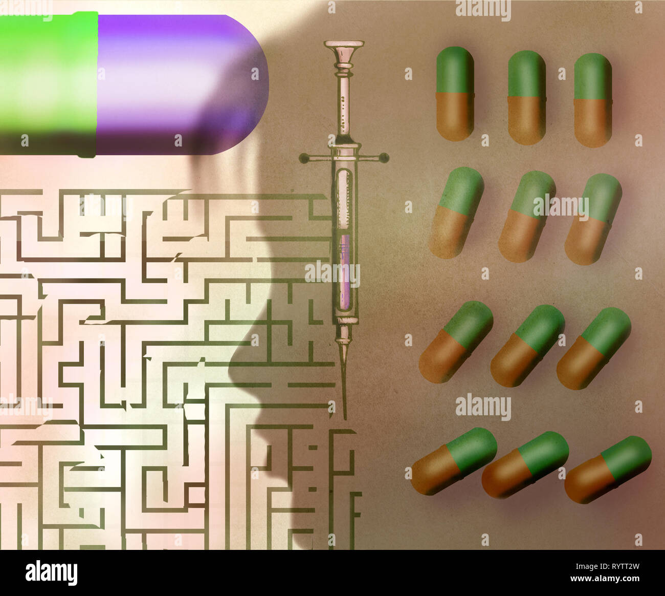 Concept image of a young woman's profile, hypodermic needle maze and