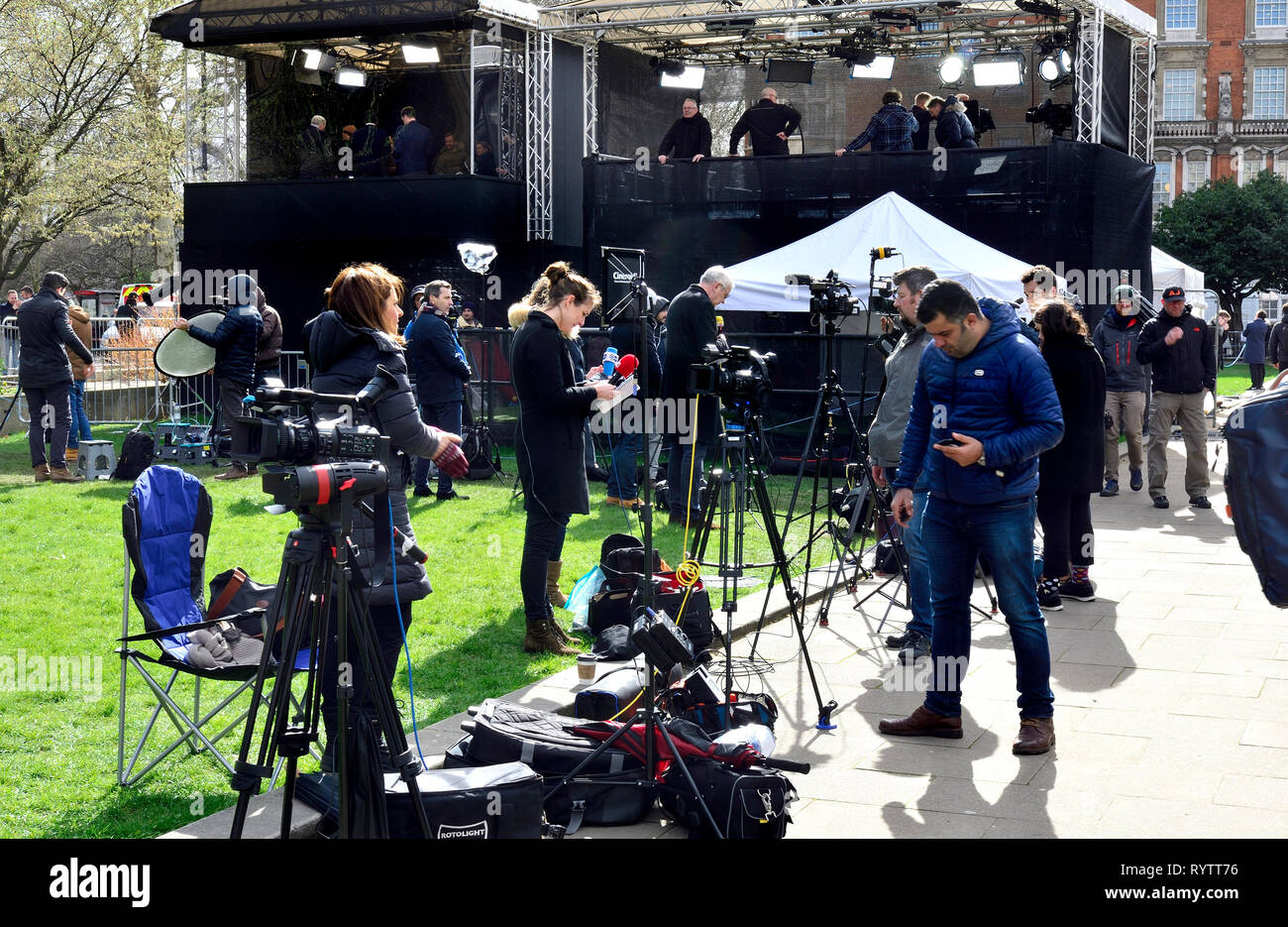 London, England, UK. International media on College Green (Abingdon Street Gardens), Westminster, during important Brexit debates in Parliament, March Stock Photo