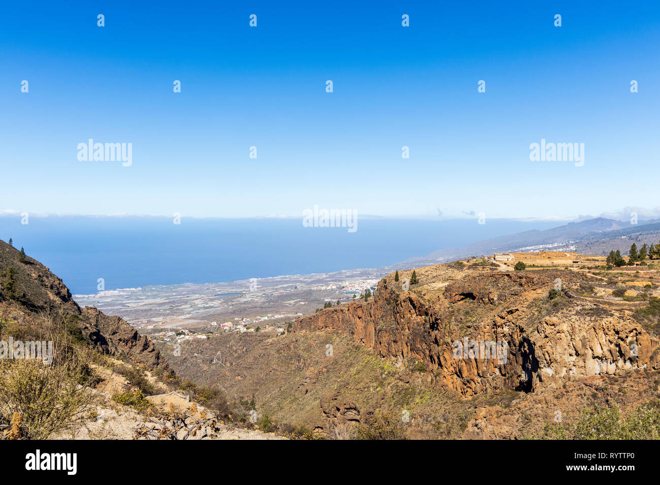 View into the Barranco de Guaria from Las Fuentes, down to the coast, Guia de Isora, Tenerife, Canary Islands, Spain Stock Photo
