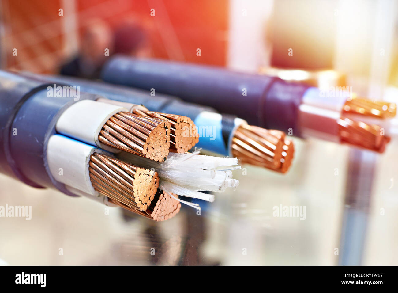 Large copper power cable in section closeup Stock Photo
