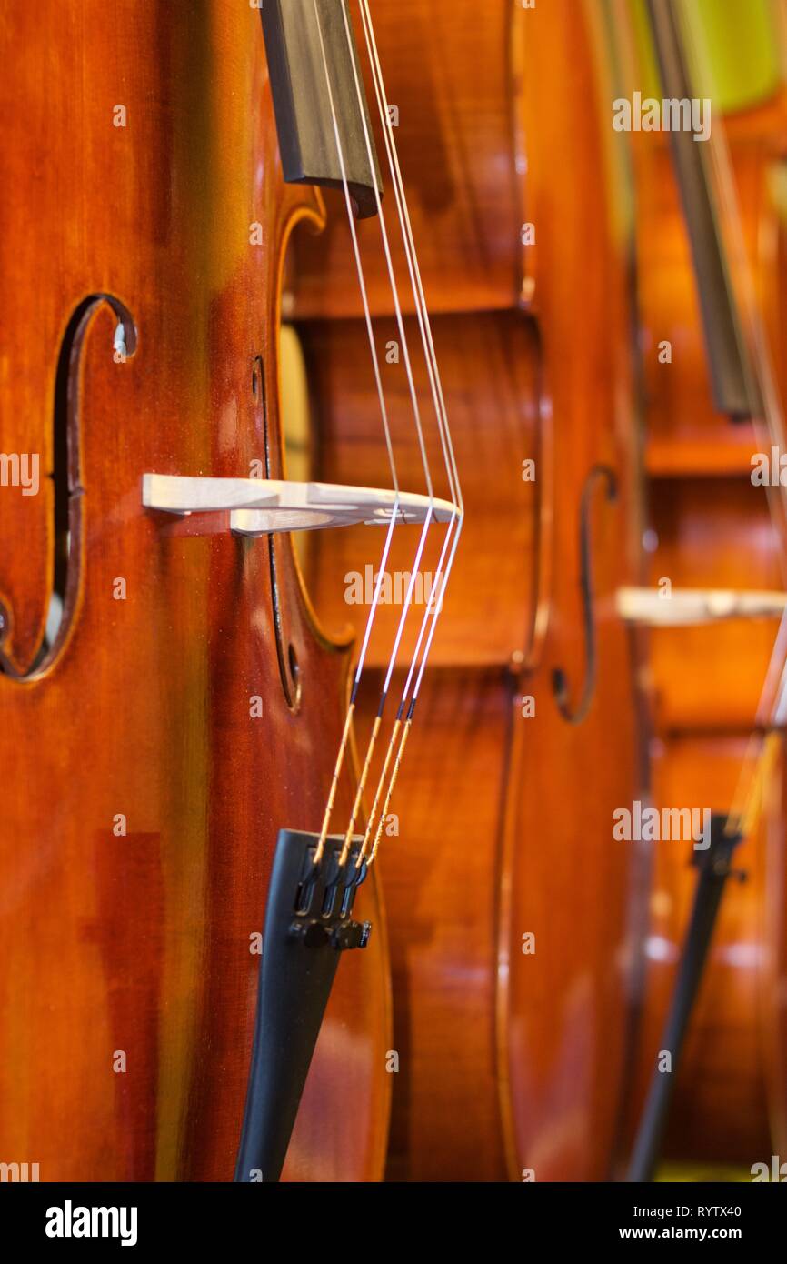 Cellos in a row - standing upright side by side Stock Photo