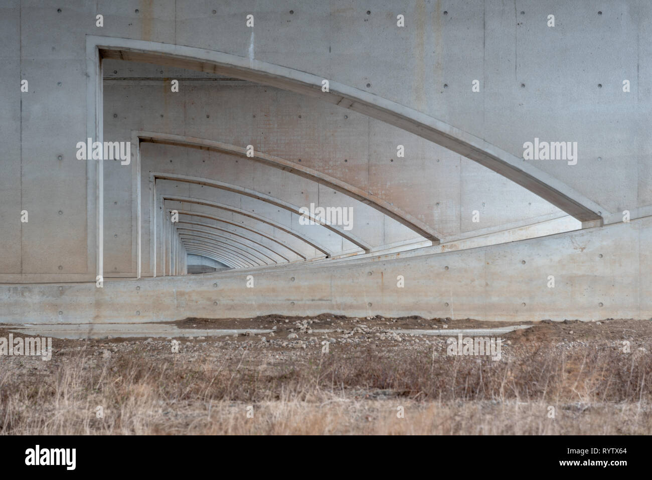 Magdeburg, Germany - March 12, 2019: View of the bridge arches of the waterway intersection in Hohenwarthe, Germany. The bridge belongs to the Mittell Stock Photo