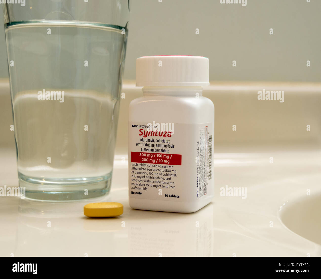 Chicago, USA-March 13, 2019: A bottle of Symtuza prescription medication used to treat HIV infection is taken once daily. Modern medicine, chronic ill Stock Photo