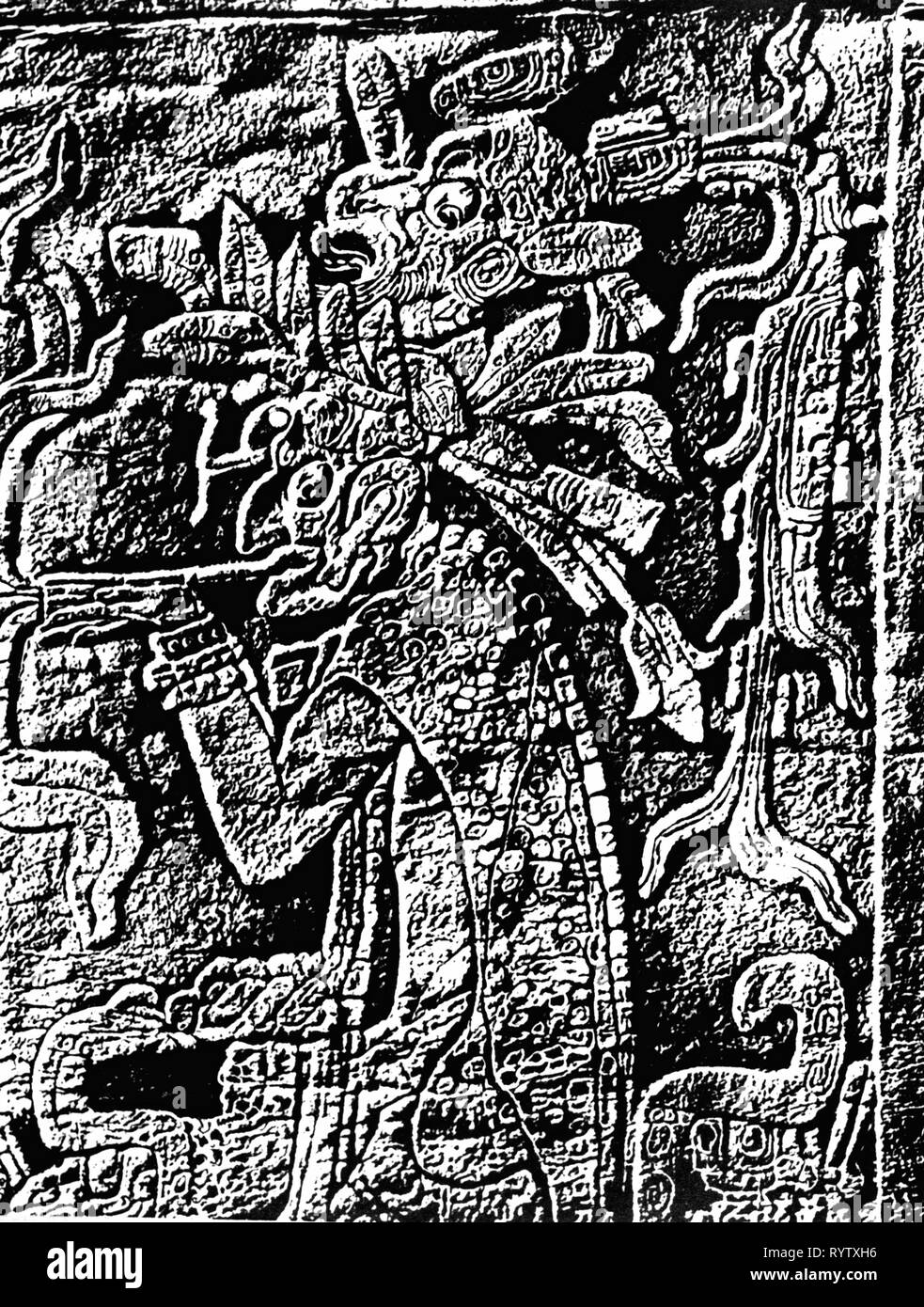 tobacco, smoking Maya priest or deity, relief of a temple, Palenque, Additional-Rights-Clearance-Info-Not-Available Stock Photo
