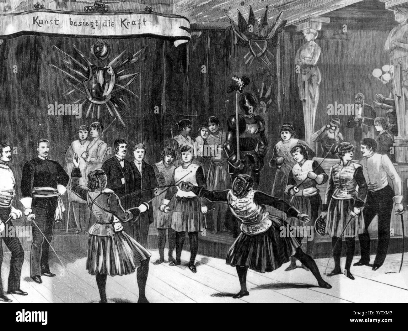 sports, fencing, ladies' fencing tournament, music club hall, Vienna, wood engraving, by Wihelm Groegler (1838 - 1897), from: 'Illustrirte Zeitung', Leipzig, 1884, Additional-Rights-Clearance-Info-Not-Available Stock Photo