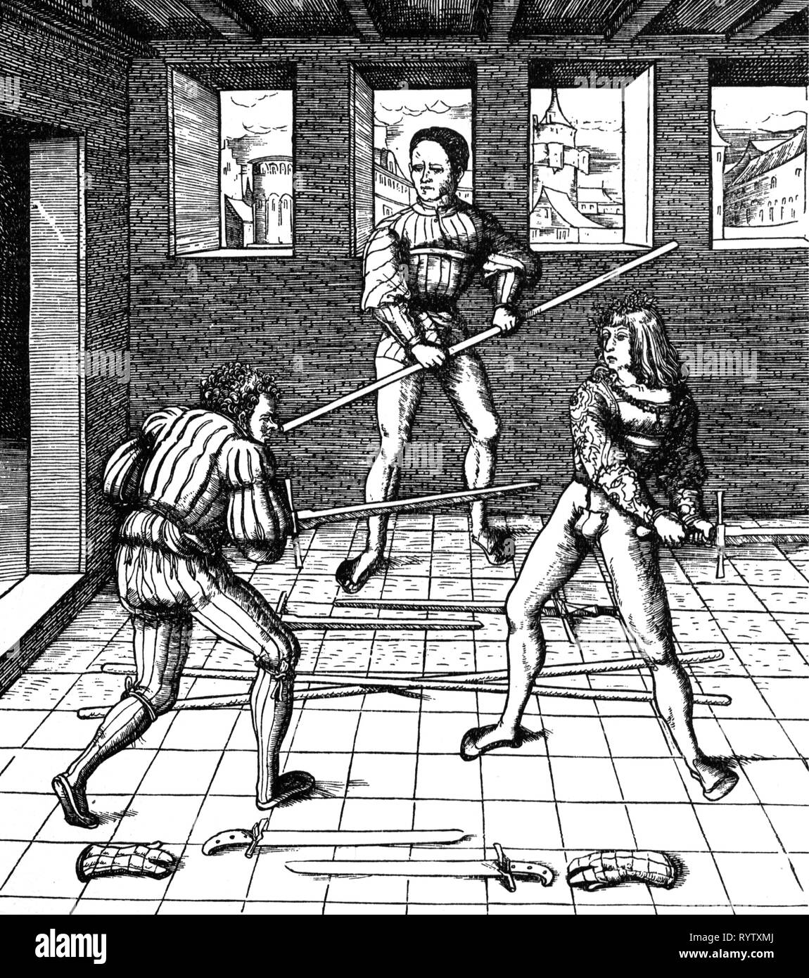 military, Middle Ages, fencing with swords at the time of emperor Maximilian I, woodcut, by Hans Burgkmair of the Elder (1473 - 1531), circa 1500, Additional-Rights-Clearance-Info-Not-Available Stock Photo