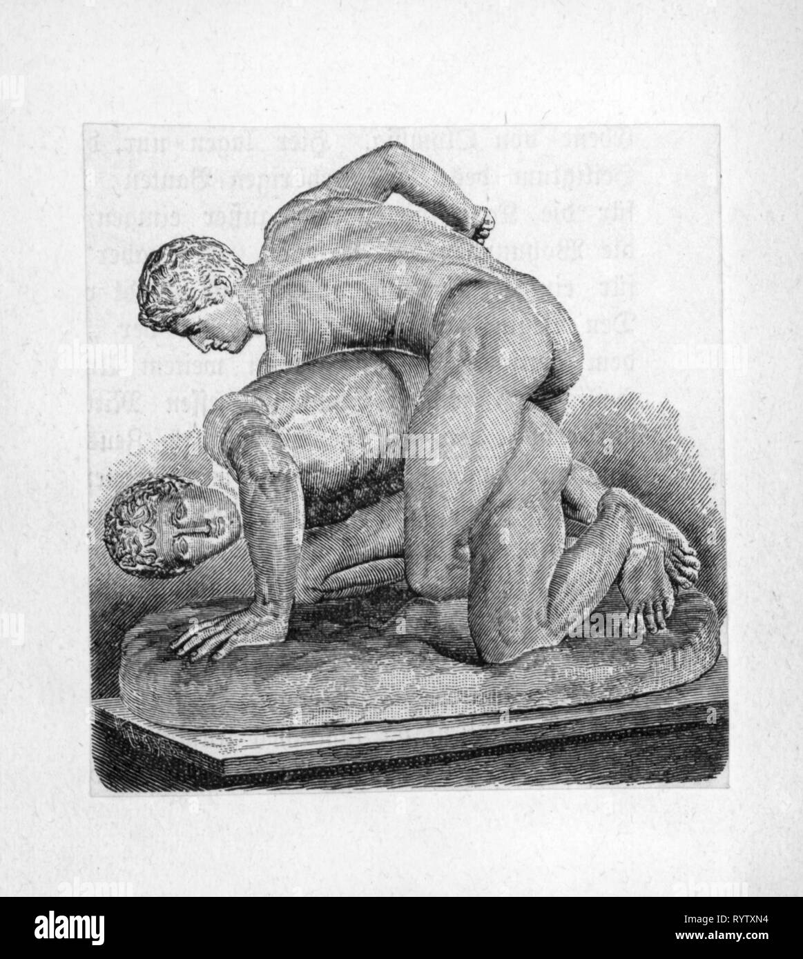 sports, pankration, ancient world, Florentine wrestler group, sculpture, Roman copy, 3rd century BC, wood engraving, 19th century, pankratiasts, athlete, athletes, fight, fights, people, men, man, Greece, ancient world, ancient times, sculpture, sculptures, copy, copies, historic, historical, full-length, full length, Artist's Copyright has not to be cleared Stock Photo