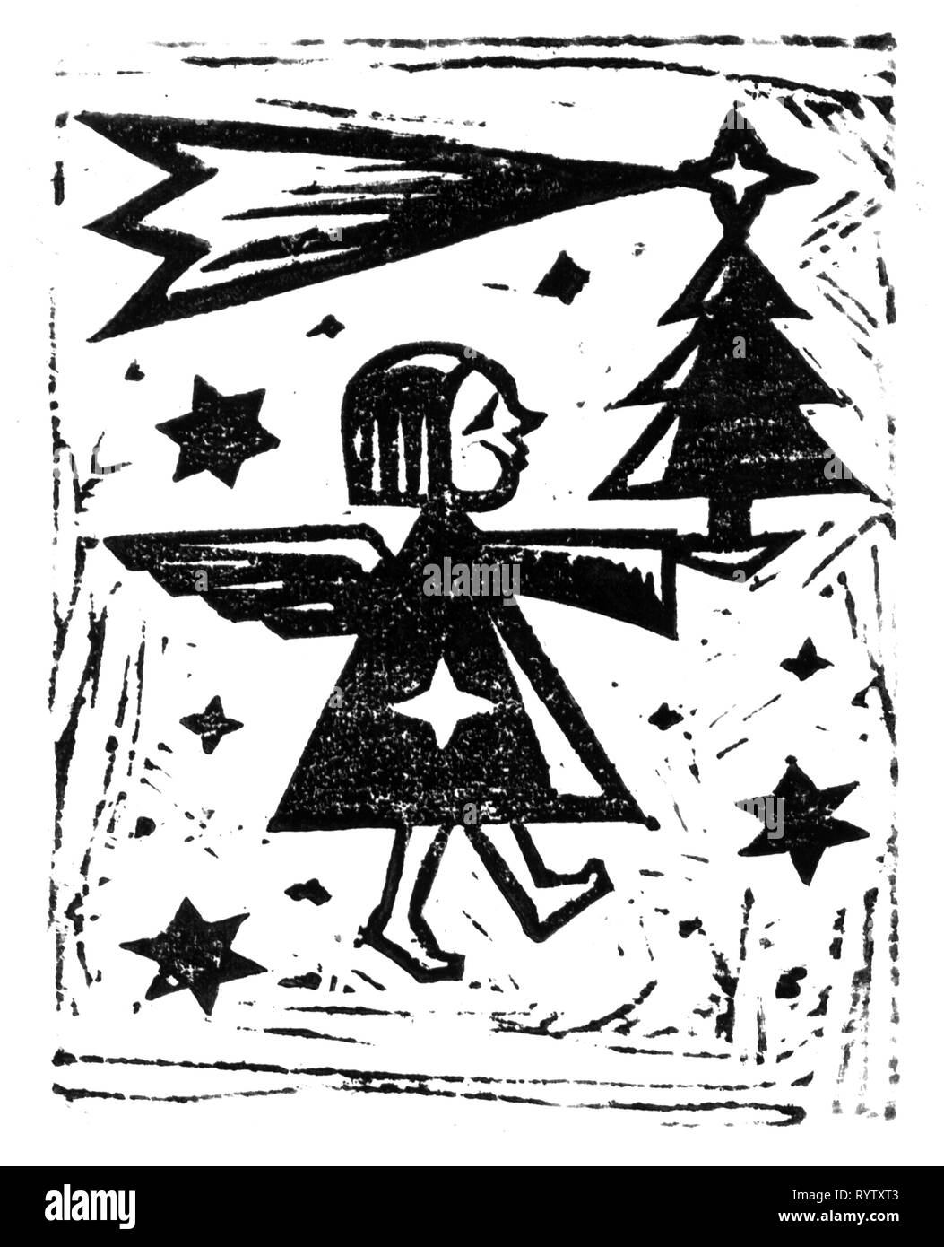 Christmas, angel, linocut, postcard, sports and game club MOMUS, Germany, 20th century, star, stars, Christmas tree, Christmas trees, Christmas angel, sports club, sports clubs, club, clubs, naive art, poinsettia, Christmas flower, star of Bethlehem, comet, comets, angel, angels, historic, historical, postcards, people, Additional-Rights-Clearance-Info-Not-Available Stock Photo