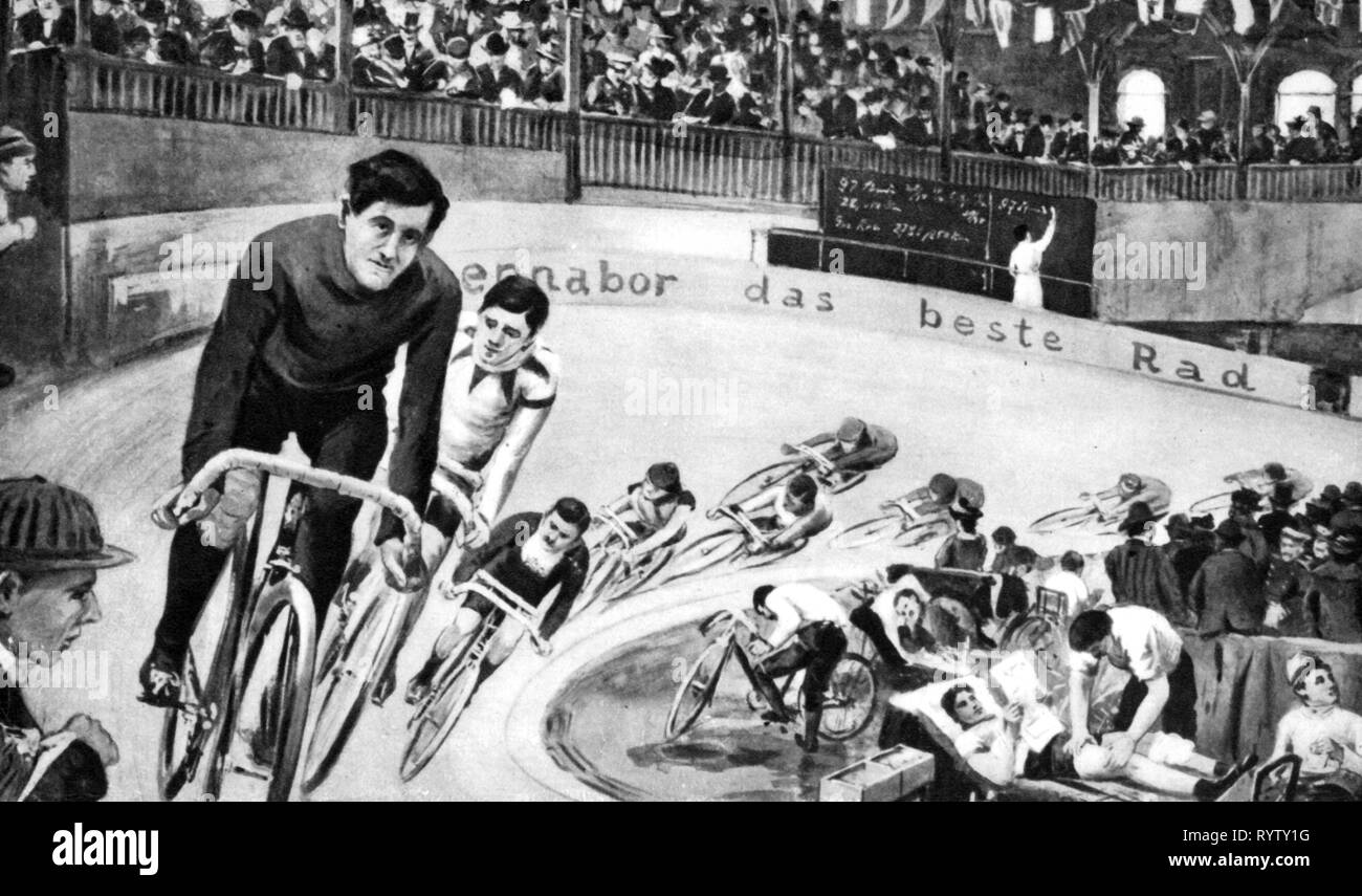 sports, cycling, bicycling, cycle race, cycle races, 3rd Berlin Six Days Race, palace of sports, 3.3. - 8.6.1911, later drawing, Additional-Rights-Clearance-Info-Not-Available Stock Photo