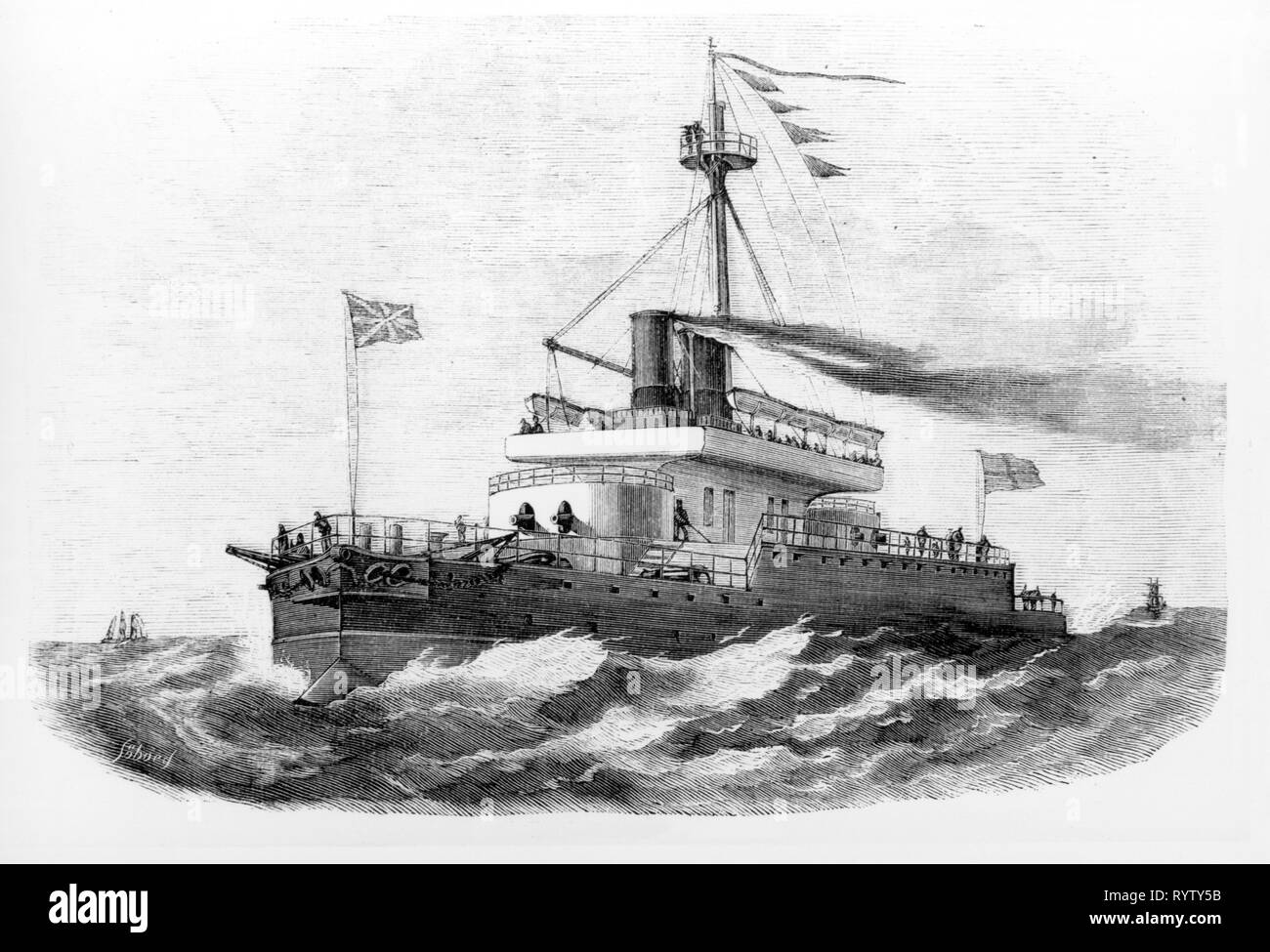 transport / transportation, navigation, warship, British ironclad HMS Devastation, wood engraving circa 1875, Additional-Rights-Clearance-Info-Not-Available Stock Photo