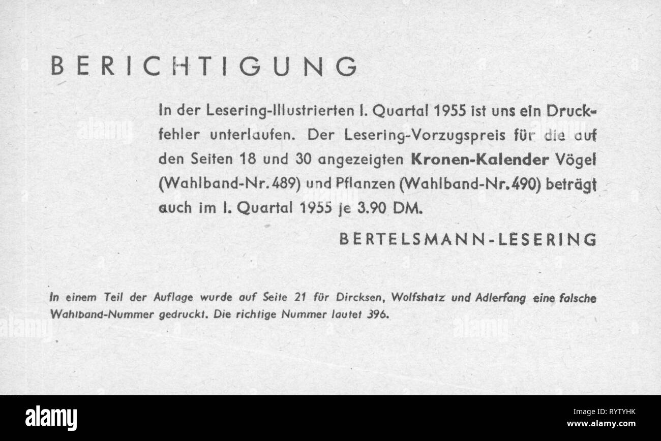 trade, book trade, error message of the 'Bertelsmann Lesering', 1955, Additional-Rights-Clearance-Info-Not-Available Stock Photo