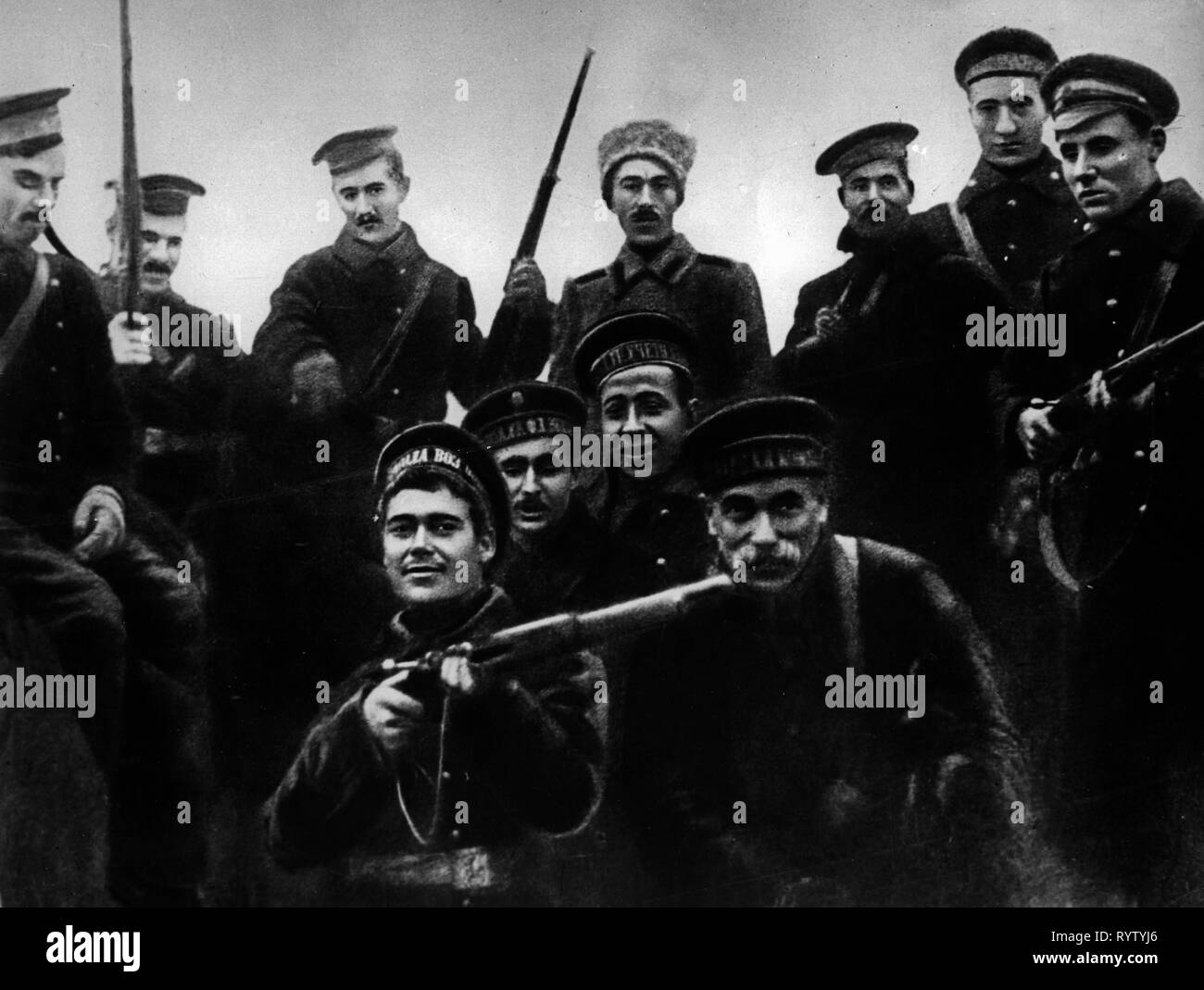 Russian Revolution 1917, October Revolution, assault on the Winter Palace, Petrograd, 8.11.1917, involved sailors of the Baltic fleet, Saint Petersburg, Winter Palace, people, military, navy, weapons, arms, weapon, arm, rifle, gun, rifles, guns, revolutionist, revolutionists, 26.10.1917, Russia, Russian Republic, 1910s, 20th century, revolution, revolutions, person involved, party, the parties concerned, all parties concerned, sailor, seaman, sailors, seamen, fleet, fleets, historic, historical, Additional-Rights-Clearance-Info-Not-Available Stock Photo