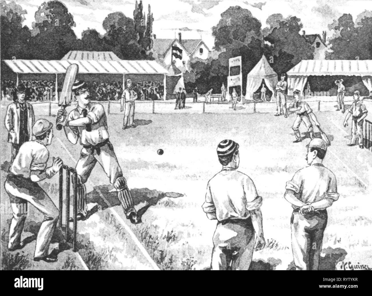 sports, cricket, cricket match, wood engraving after drawing by Greiner, Germany, late 19th century, Additional-Rights-Clearance-Info-Not-Available Stock Photo