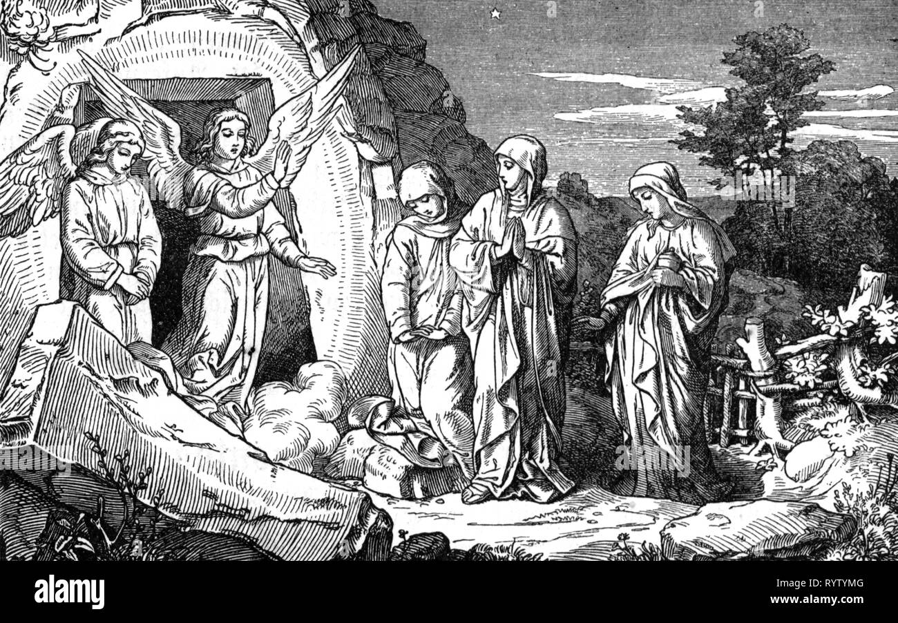 religion, Christianity, Jesus Christ, resurrection, the angel at the grave, wood engraving, mid 19th century, graphic, graphics, New Testament, half-length, half length, standing, angel, angels, conversation, conversations, talks, talking, talk, visits, visitor, visitors, visiting, visit, burial chamber, funerary chamber, chamber tomb, sepulchre, sepulcher, sepulchers, vault, burial ground, burial site, tomb, tombs, crypt, burial place, religion, religions, grave, graves, historic, historical, woman, women, female, people, Additional-Rights-Clearance-Info-Not-Available Stock Photo