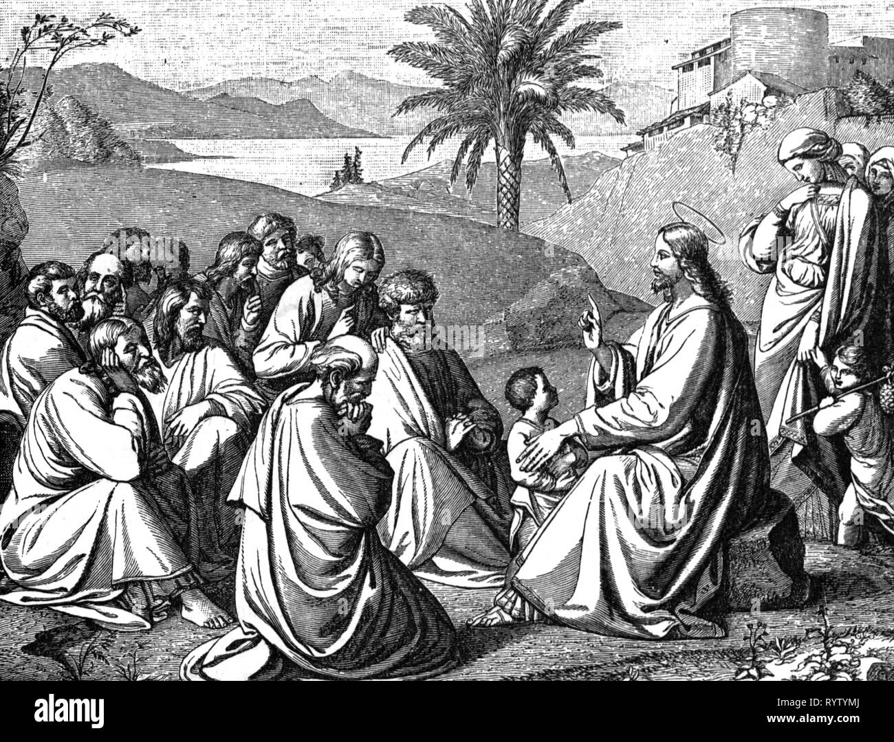 religion, Christianity, Jesus Christ, scenes of his life, Jesus preaching to become like the children, wood engraving by Huyot, mid 19th century, graphic, graphics, New Testament, half-length, half length, sitting, sit, halo, nimbus, glory, gloriole, aura, halos, aureola, aureole, Mandorla, listener, listeners, hearer, hearers, listening, listen, Messiah, Saviour, Redeemer, drawing, audience, audiences, religion, religions, scenes, scene, life, lives, preach, preaching, children, child, kids, kid, historic, historical, man, men, male, people, Additional-Rights-Clearance-Info-Not-Available Stock Photo