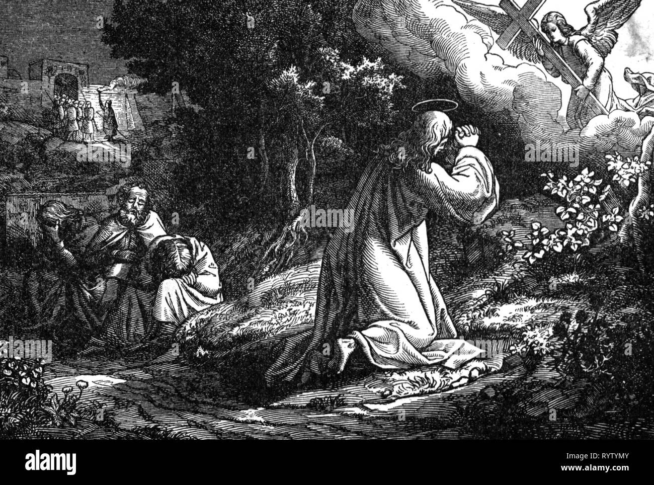 religion, Christianity, Jesus Christ, passion, Jesus on the Mount of Olives, wood engraving, mid 19th century, graphic, graphics, New Testament, half-length, half length, kneel, kneeling, prayer, prayers, praying, pray, angel, angels, cross, crosses, passion, disciple, follower, disciples, followers, sleeping, pretend asleep, black despair, reduce despair, desperate, in desperation, Messiah, Saviour, Redeemer, religion, religions, Mount of Olives, Mount Olivet, historic, historical, man, men, male, people, Additional-Rights-Clearance-Info-Not-Available Stock Photo