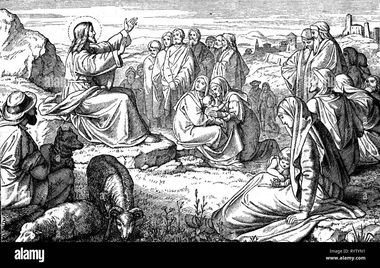 religion, Christianity, Jesus Christ, scenes of his life, sermon on the Mount, wood engraving, mid 19th century, graphic, graphics, New Testament, half-length, half length, sitting, sit, preach, preaching, listener, listeners, hearer, hearers, listening, listen, Messiah, Saviour, Redeemer, audience, audiences, religion, religions, scenes, scene, life, lives, historic, historical, woman, women, female, man, men, male, people, Additional-Rights-Clearance-Info-Not-Available Stock Photo