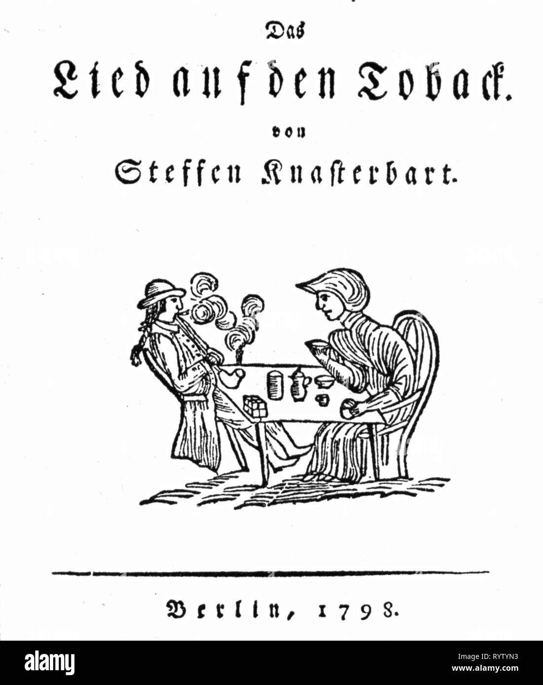 tobacco, caricature, Song on the Tobak, by Steffen Knasterbart, cover, copper engraving, Berlin, 1798, Additional-Rights-Clearance-Info-Not-Available Stock Photo