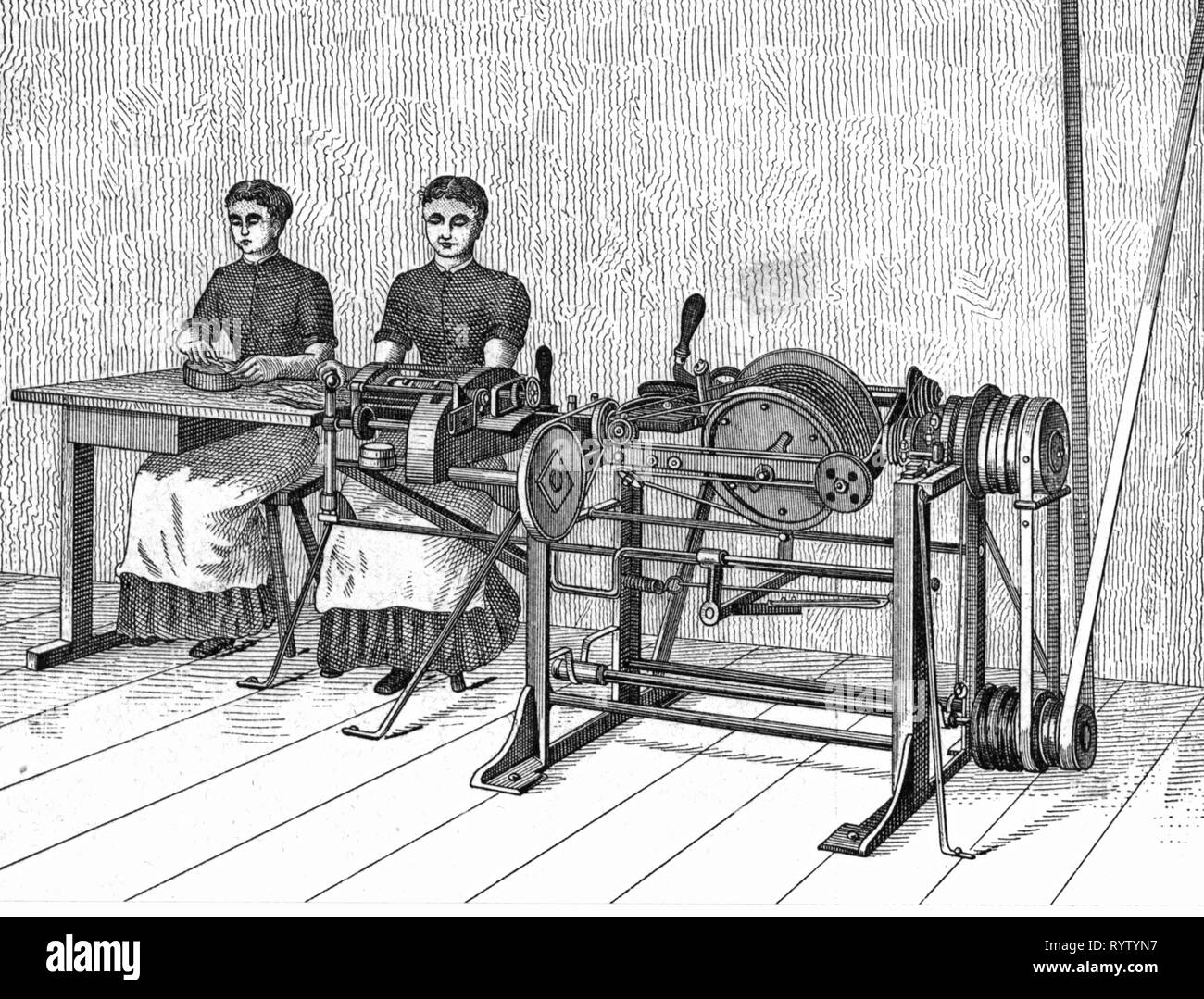 industry, tobacco industry, processing, spinning, tobacco spinners at the spinning frame, wood engraving, 2nd half 19th century, Additional-Rights-Clearance-Info-Not-Available Stock Photo