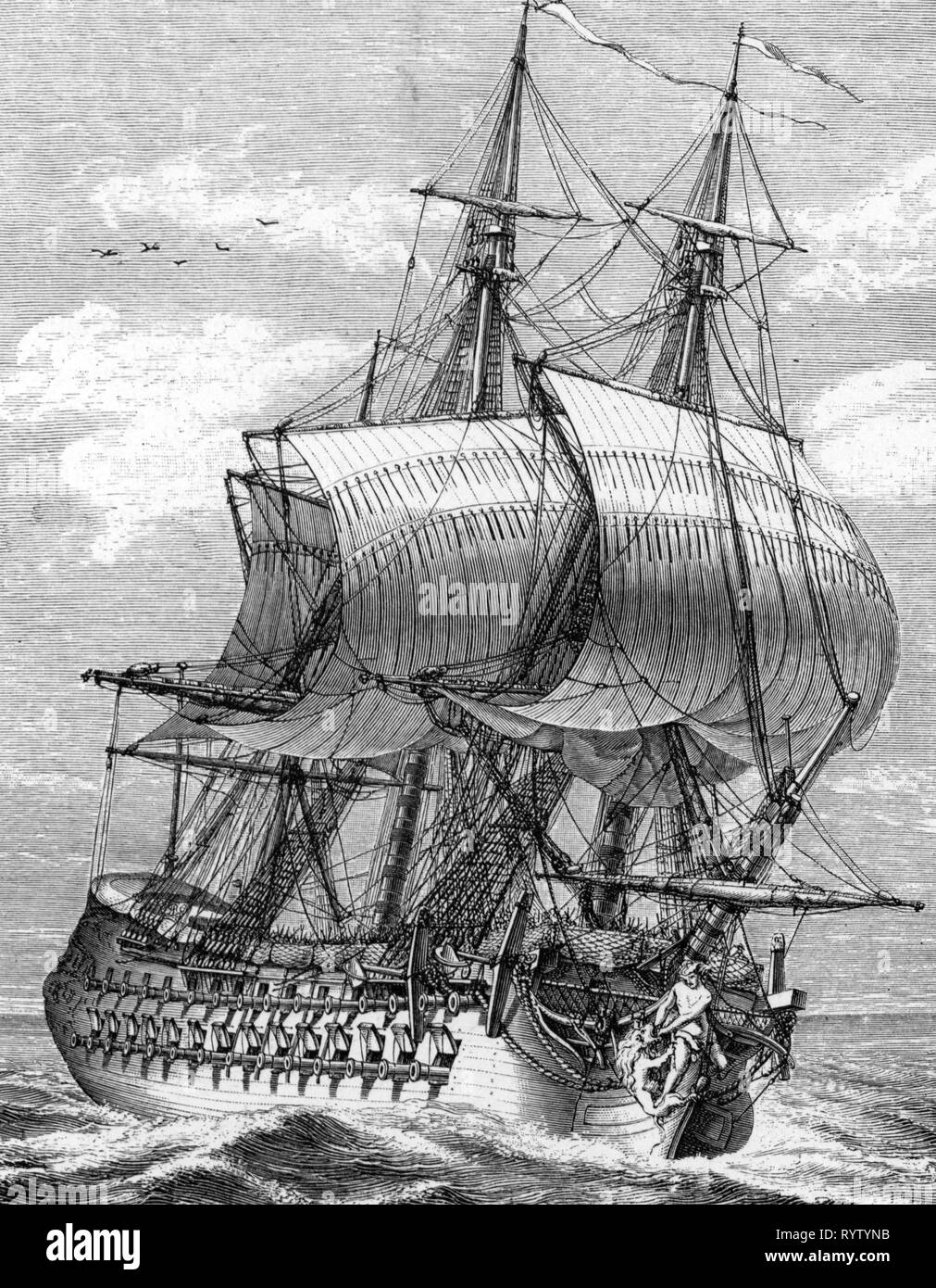 transport historic, navigation, warship, French frigate "L'Hercule" (58 cannons) at sea in readiness for action, after copper engraving, 1748, Artist's Copyright has not to be cleared Stock Photo