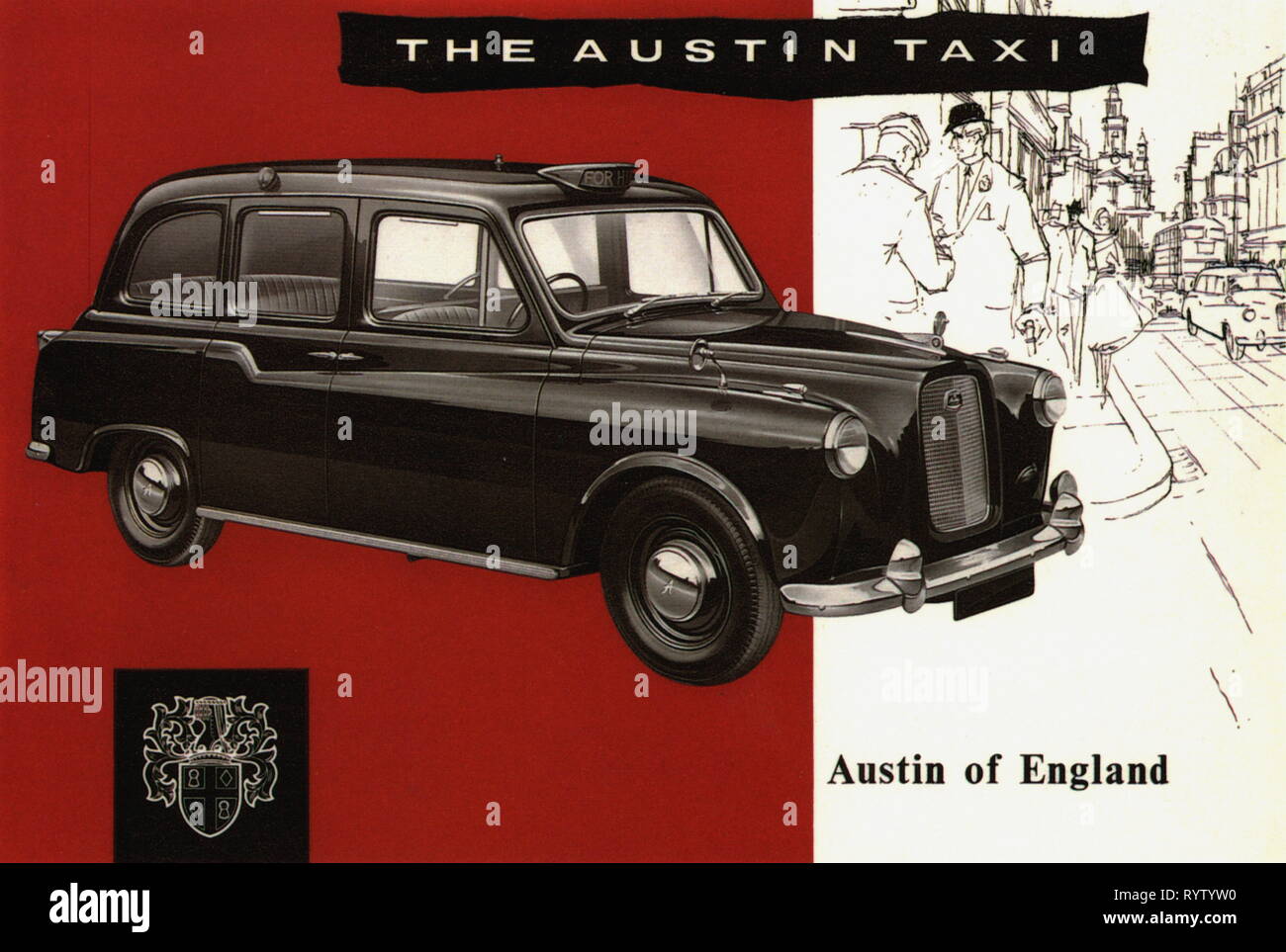 advertising, transport, cars, Austin FX4 London taxicab, cover of a brochure, 1963, Additional-Rights-Clearance-Info-Not-Available Stock Photo