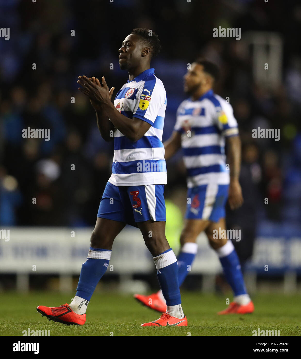 Reading's Andy Yiadom applauds the fans after the Sky Bet Championship match at the Madejski Stadium, Reading. PRESS ASSOCIATION Photo. Picture date: Tuesday March 12, 2019. See PA story SOCCER Reading. Photo credit should read: Bradley Collyer/PA Wire. RESTRICTIONS: No use with unauthorised audio, video, data, fixture lists, club/league logos or 'live' services. Online in-match use limited to 120 images, no video emulation. No use in betting, games or single club/league/player publications. Stock Photo