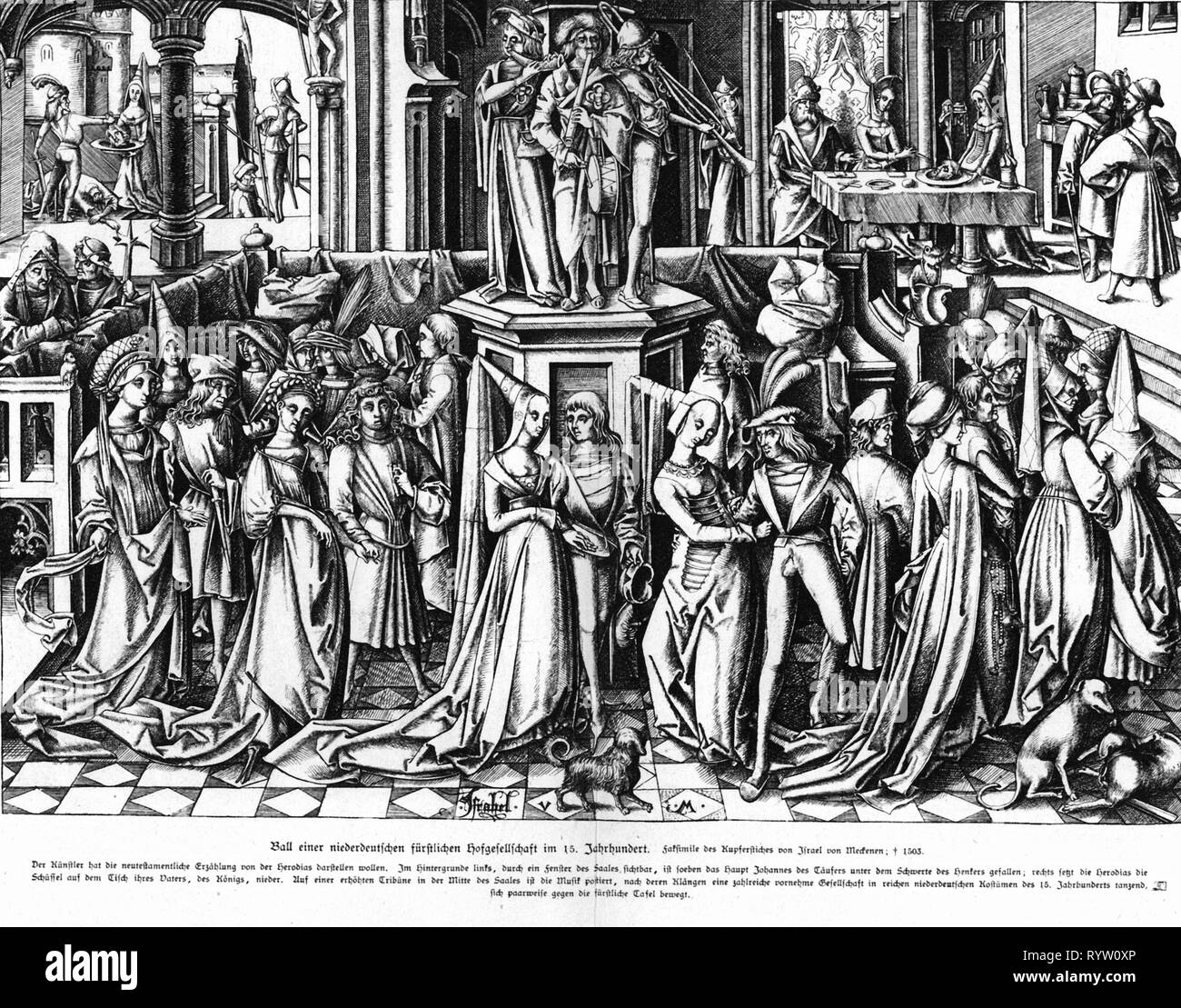 festivities, balls and parties, ball of a Low German baronial society, 15th century, after copper engraving, by Israel van Meckenem the Younger (circa 1440 - 1503), wood engraving, 15th century, graphic, graphics, Middle Ages, medieval, mediaeval, dancer, dancers, dances, dance, dancing, society, societies, courtly, aristocracy, aristocracies, aristocrat, clothes, fashion, dress, dresses, bonnet, bonnets, hat, hats, doublet, jerkin, beret, berets, musician, musicians, make music, play music, making music, playing music, makes music, plays music, , Additional-Rights-Clearance-Info-Not-Available Stock Photo