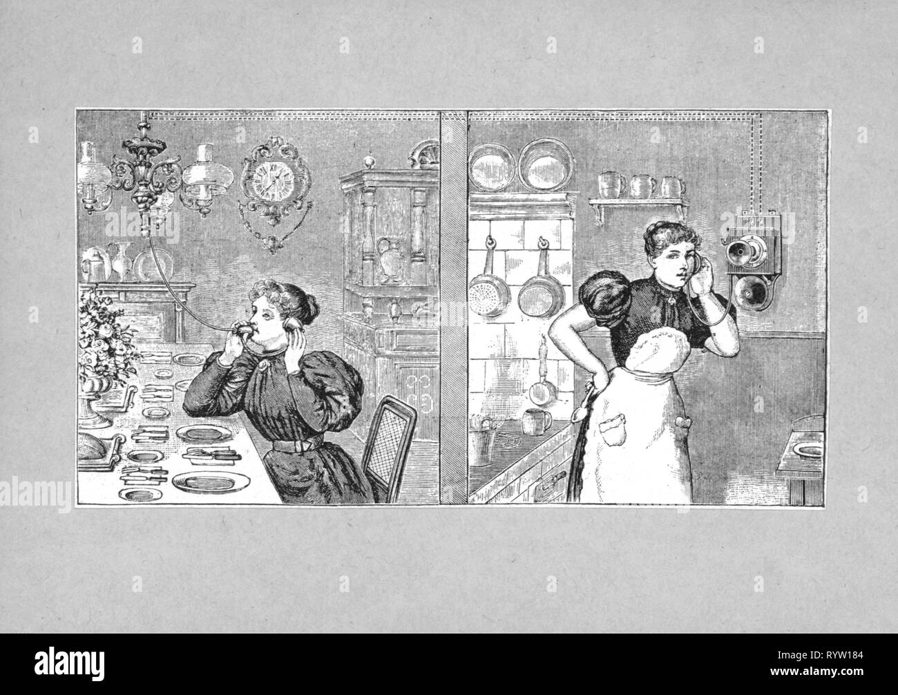 mail, telephone, caricature, internal telephone from the dining room to the kitchen, wood engraving, 'Illustrierte Zeitung', Leipzig, 22.7.1897, Artist's Copyright has not to be cleared Stock Photo