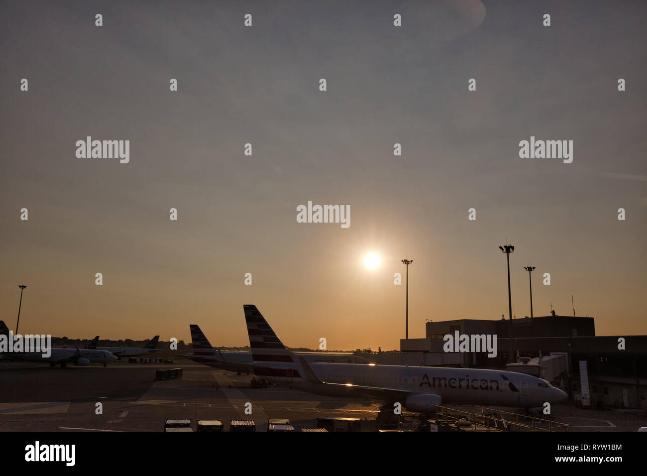 Boston, USA-March 13, 2018: Grounded Boing planes in the aftermath of a deadly prior crashes of Boing 737 and 738 max planes Stock Photo