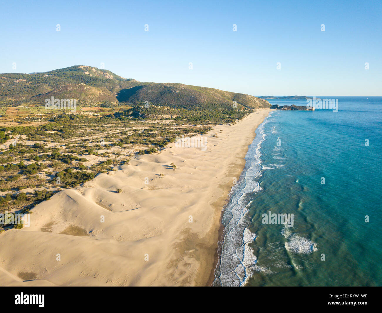 Aerial drone high angle view of sand dunes and sea coast in Patara, Turkey. Horizontal Stock Photo