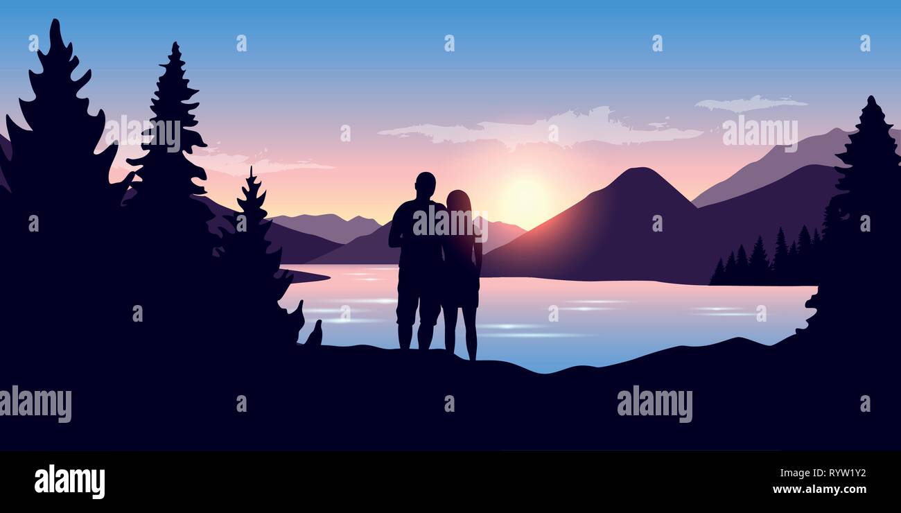 young couple by the river in forest nature landscape at sunrise vector ...