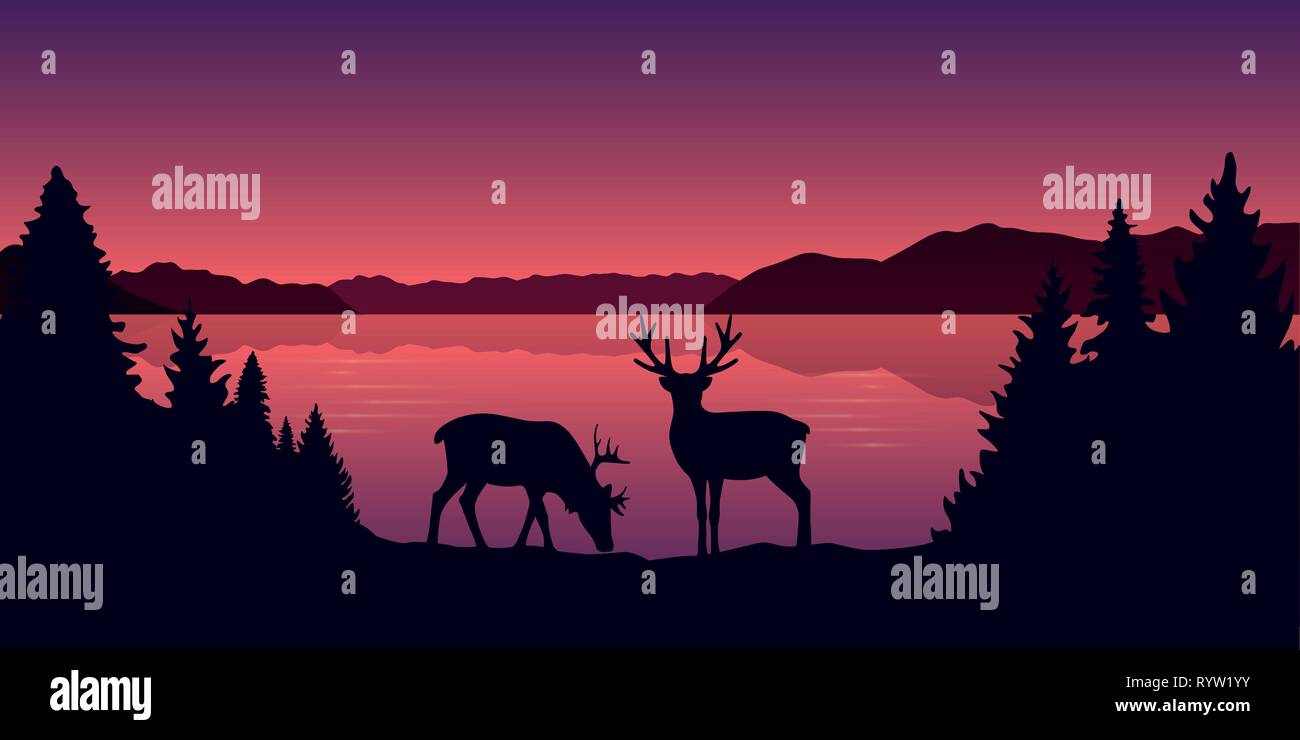 two reindeers by the lake beautiful red landscape vector illustration EPS10 Stock Vector