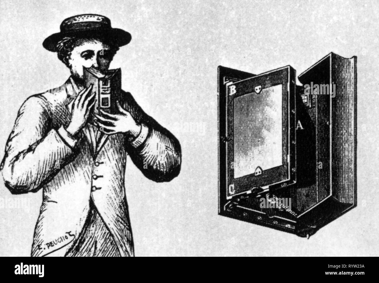 photography, cameras, masked camera "Photo-Volume" for single plates by Portefax, wood engraving, 1895, Additional-Rights-Clearance-Info-Not-Available Stock Photo
