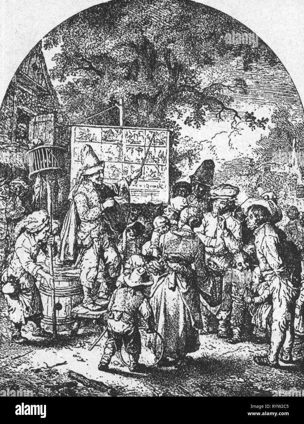 press / media, street ballads, minstrel, etching, by Christian Wilhelm Ernst Dietrich (1712 - 1774), 18th century, graphic, graphics, half length, standing, plate, plates, board, boards, pointer, pointers, stick, sticks, pointing, point, balladeer, singer, singers, audience, audiences, viewer, viewers, listener, listeners, hearer, hearers, murder ballad, ballad, press, presses, minstrel, minstrels, etching, etchings, historic, historical, people, Artist's Copyright has not to be cleared Stock Photo