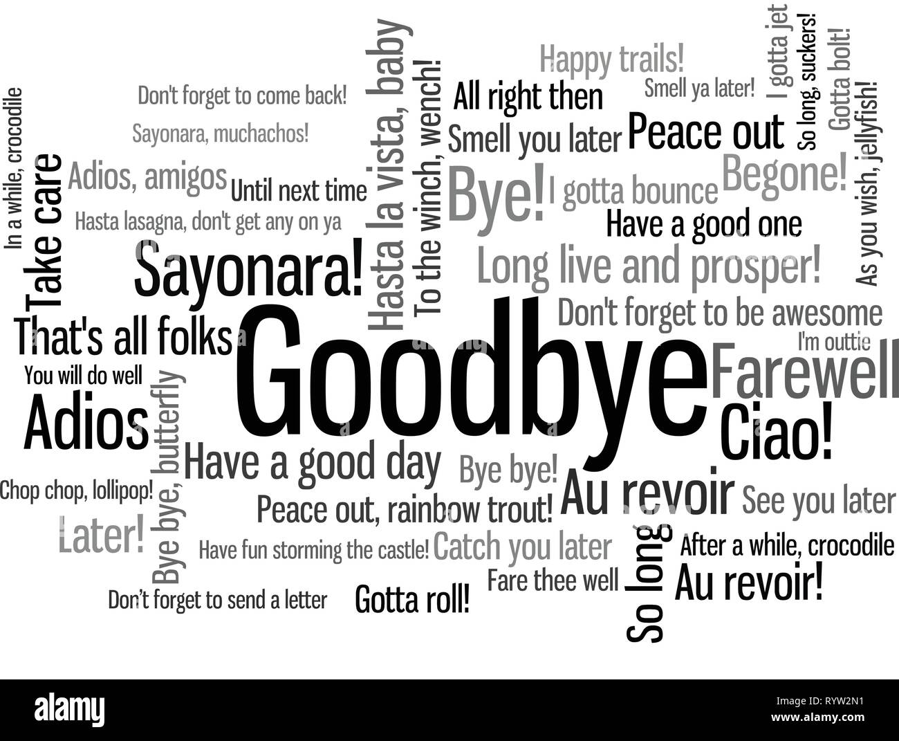 Goodbye Word Tag Cloud, shows words and phrases how to express feelings when say farewell, vector ESP10 Stock Vector