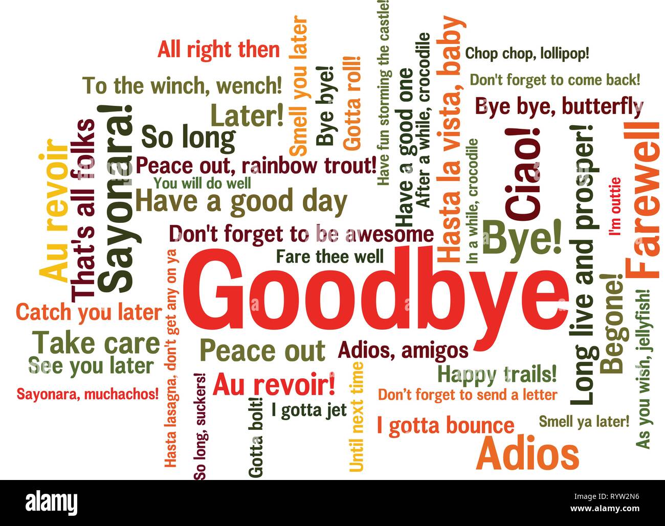 Goodbye Word Tag Cloud, shows words and phrases how to express feelings when say farewell, vector ESP10 Stock Vector