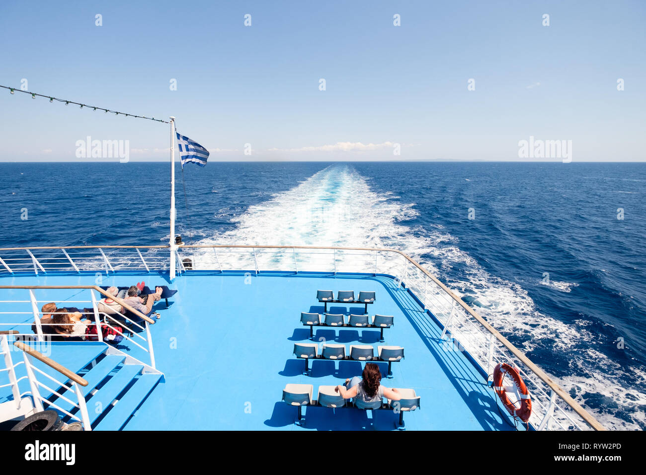 A view from a Kefalonian Lines ferry to Kefalonia, Greece from Kyllini to Poros on the Ionian Sea. Stock Photo
