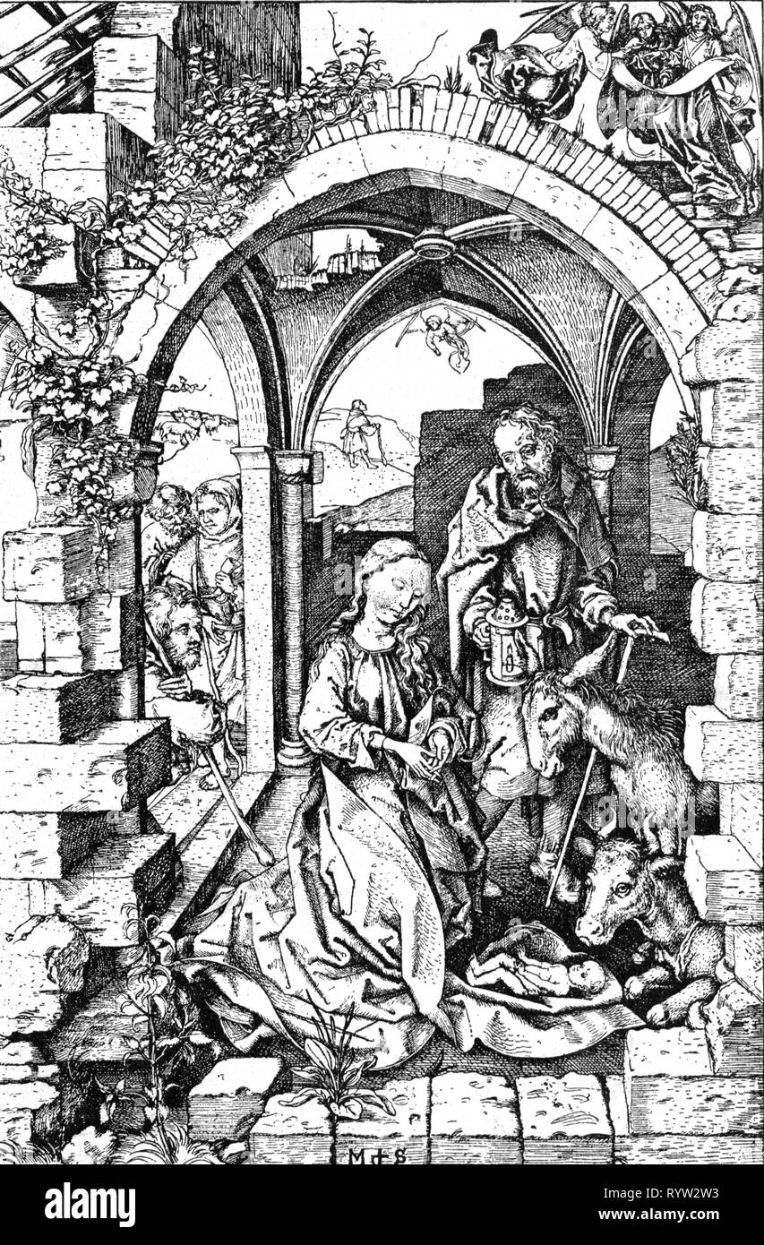 religion, Christianity, Jesus Christ, nativity, 'The big Nativity', by Martin Schongauer (circa 1445 / 1450 - 1491), copper engraving, early 1470s, 25.8 x 17 cm, 15th century, fifteenth century, the 1400s, Middle Ages, medieval, mediaeval, graphic, graphics, Messiah, Saviour, Redeemer, half-length, half length, standing, kneel, kneeling, Mary, Madonna, Joseph, herdsman, herder, herdsmen, herders, stable, barn, barnstable, stables, barns, barnstables, round arch, round arches, arch, arches, architecture, adoring, adore, worshiping, the infant Jesus, bab, Artist's Copyright has not to be cleared Stock Photo