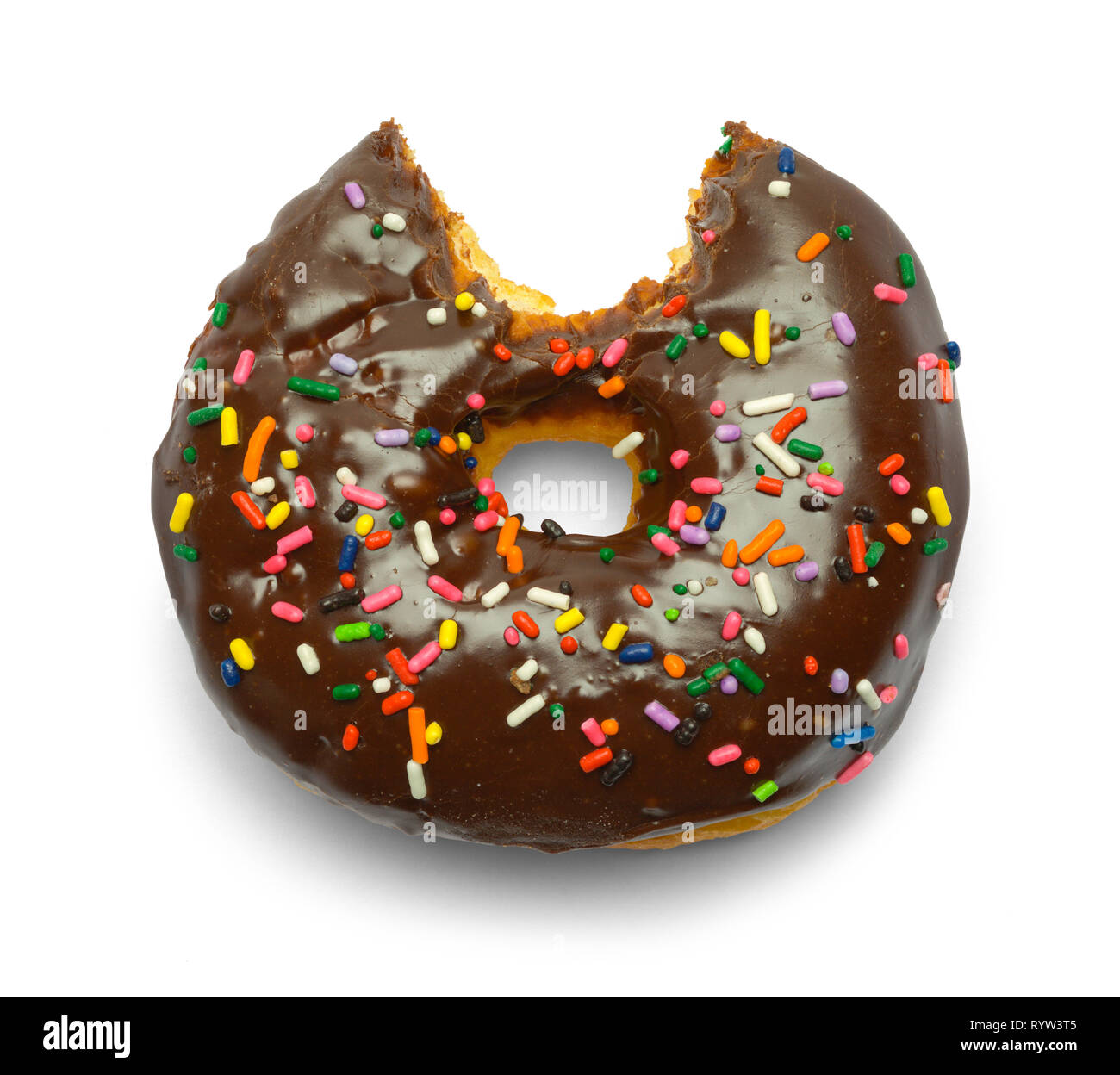 Chocolate Sprinkle Donut with Bite Eaten Out of it Isolated on White