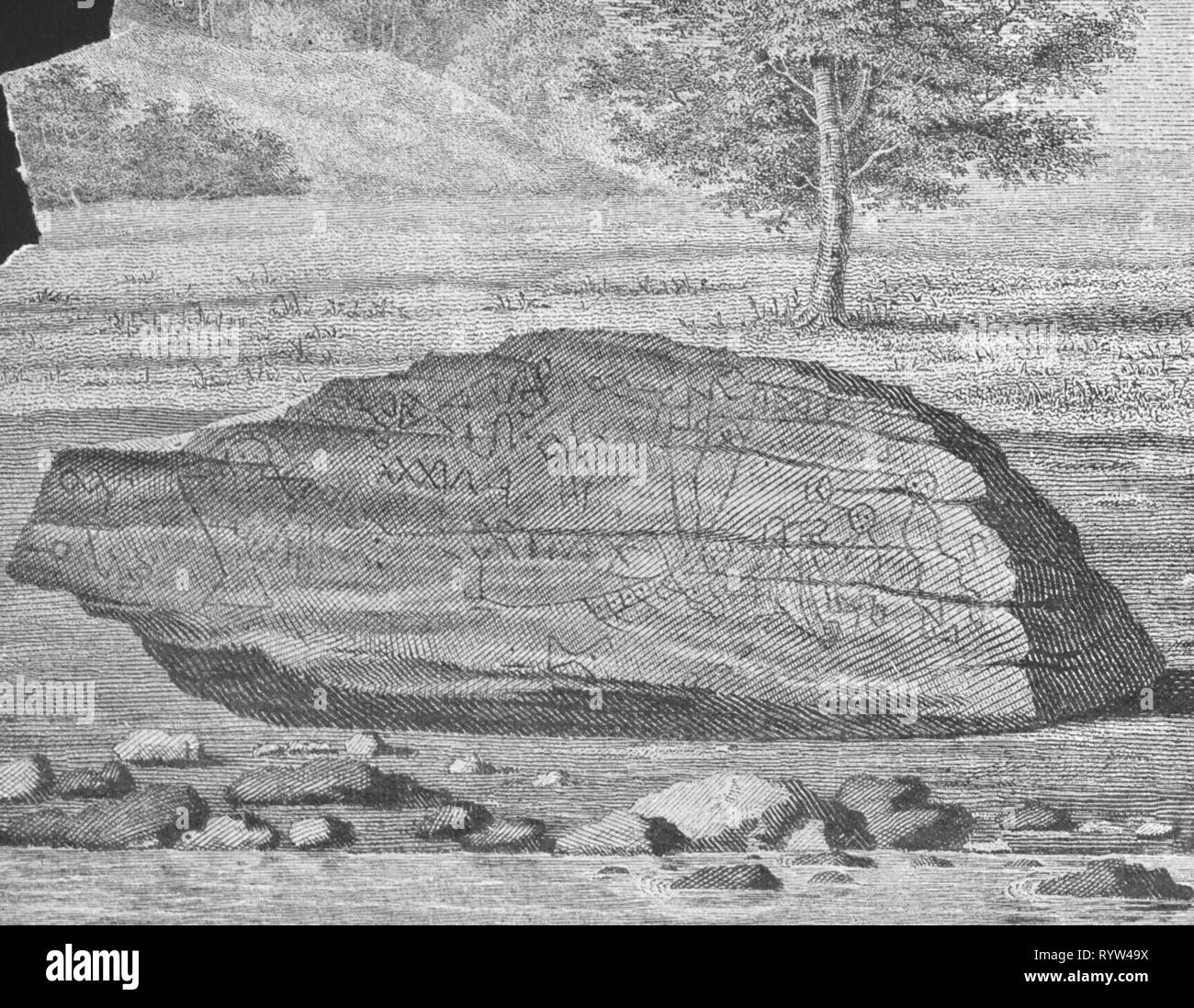 geography / travel historic, USA, cities and communities, Dighton, Massachusetts, park, Dighton Rock State Park, Dighton Rock in the river bed of the Taunton River, wood engraving, to Justin Winsor 'The Narrative and Critical History of America', London, 1883 - 1889, Artist's Copyright has not to be cleared Stock Photo