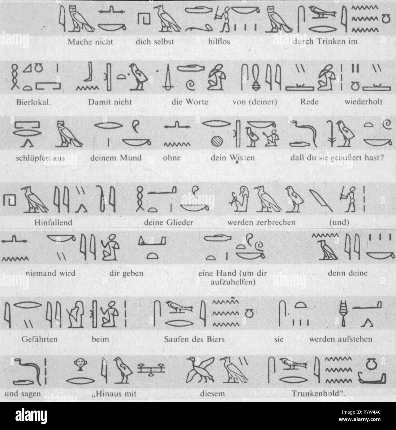 writing, script, hieroglyphs, Ancient Egypt, Old Empire (circa 2707 - 2216 BC), with translation, warning of the abuse of the beer, 2nd half 20th century, translate, translating, beer, beers, alcohol, alcohol abuse, alcohol misuse, Egypt, Egyptian, Old Egyptian language, ancient world, ancient times, , script, scripts, hieroglyph, hieroglyphs, hieroglyphics, translations, a translation from German inEnglish, a loose translation, a free translation, warning, warnings, wariness, chariness, abuse, abuses, historic, historical, Additional-Rights-Clearance-Info-Not-Available Stock Photo