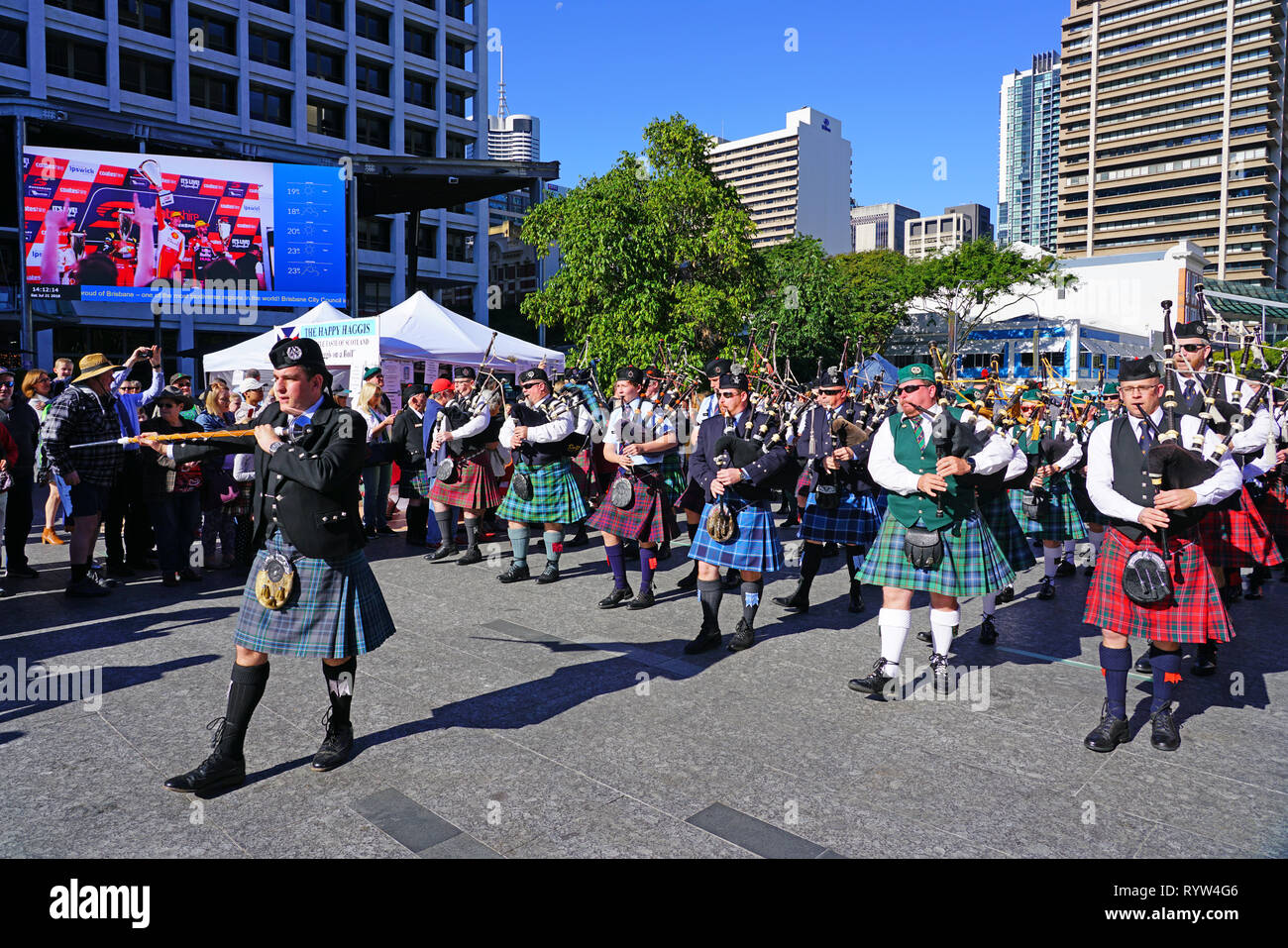 BRISBANE, AUSTRALIA 21 JUL 2018 View of an outdoor street public Celtic festival with men in