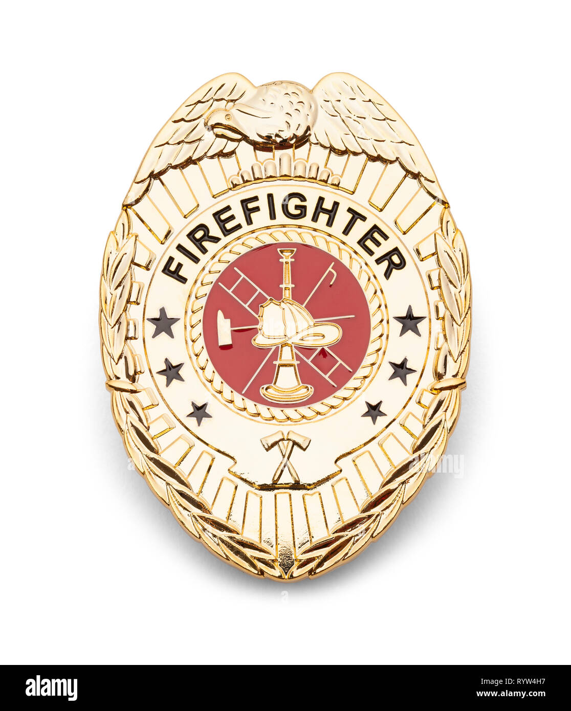 Gold Fire Department Badge Isolated on White. Stock Photo