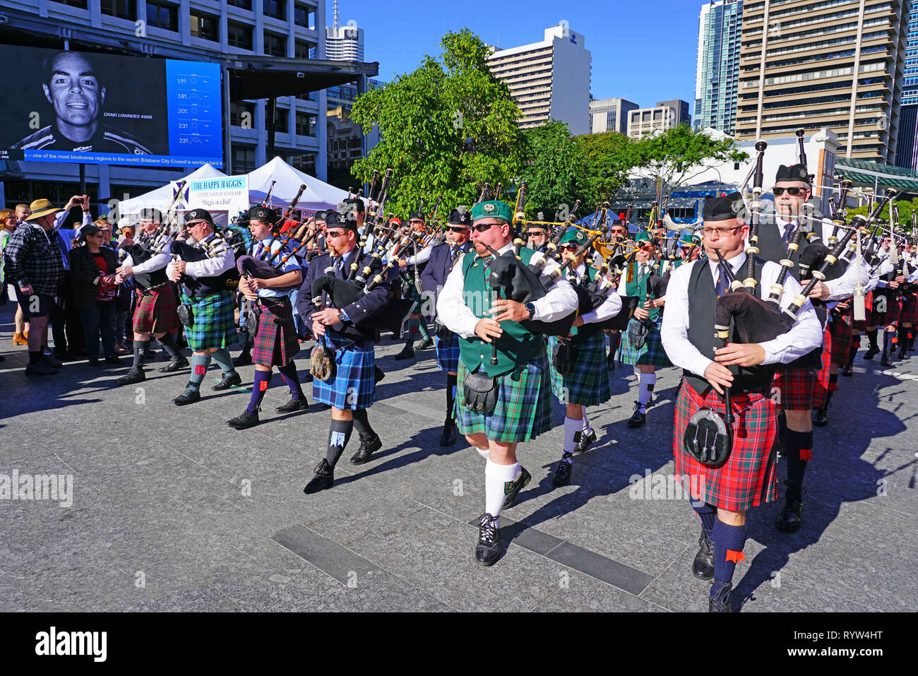 BRISBANE, AUSTRALIA 21 JUL 2018 View of an outdoor street public Celtic festival with men in