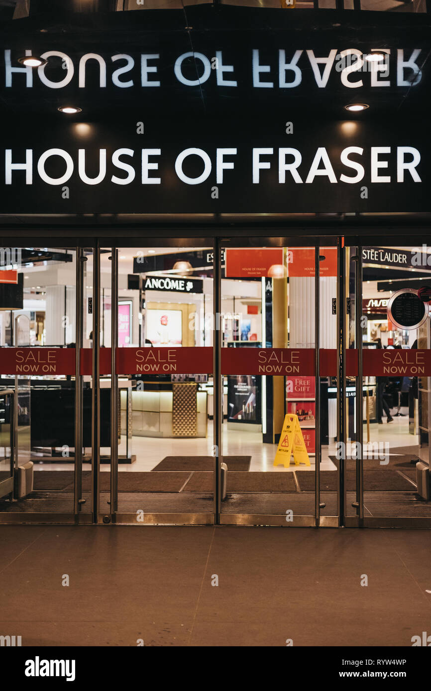 London, UK - March 9, 2019: Entrance to House of Fraser store on Oxford Street, London. House of Fraser is a British department store group with 55 st Stock Photo