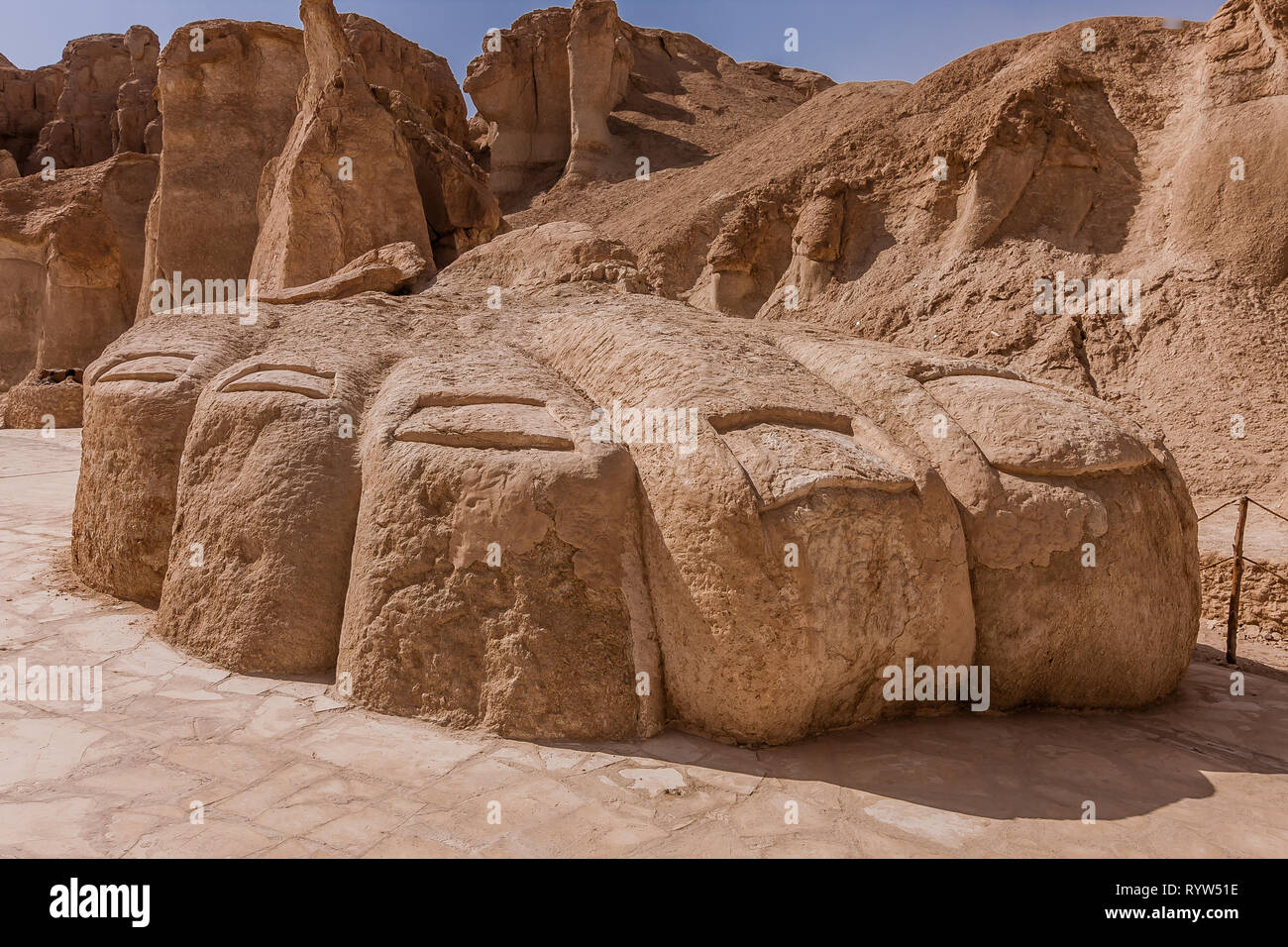 A giant foot sculpture near the  Al Khobar Caves (Jebel Qarah), Al Hofuf, Saudi Arabia Stock Photo