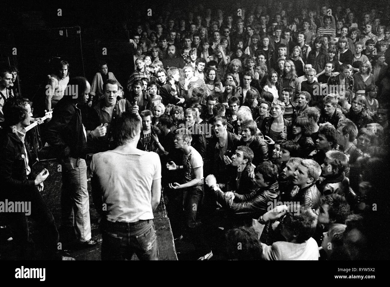 Riot during the concert of the British punk band The Clash in the Markthalle of Hamburg, Germany. 1981 Stock Photo